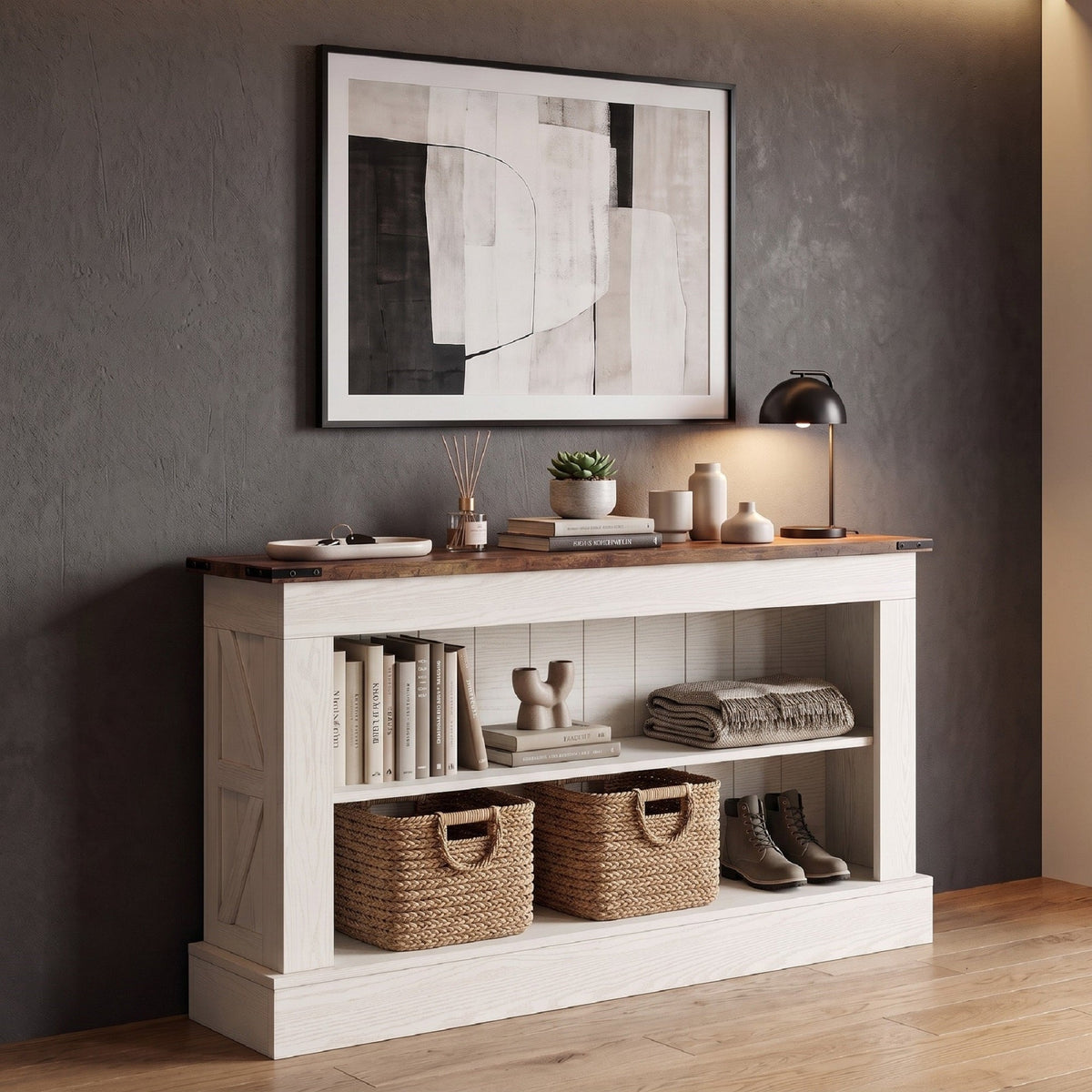 Modern Long Console Table with Open Storage Shelves