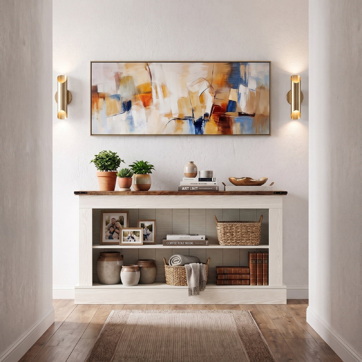 Modern Long Console Table with Open Storage Shelves