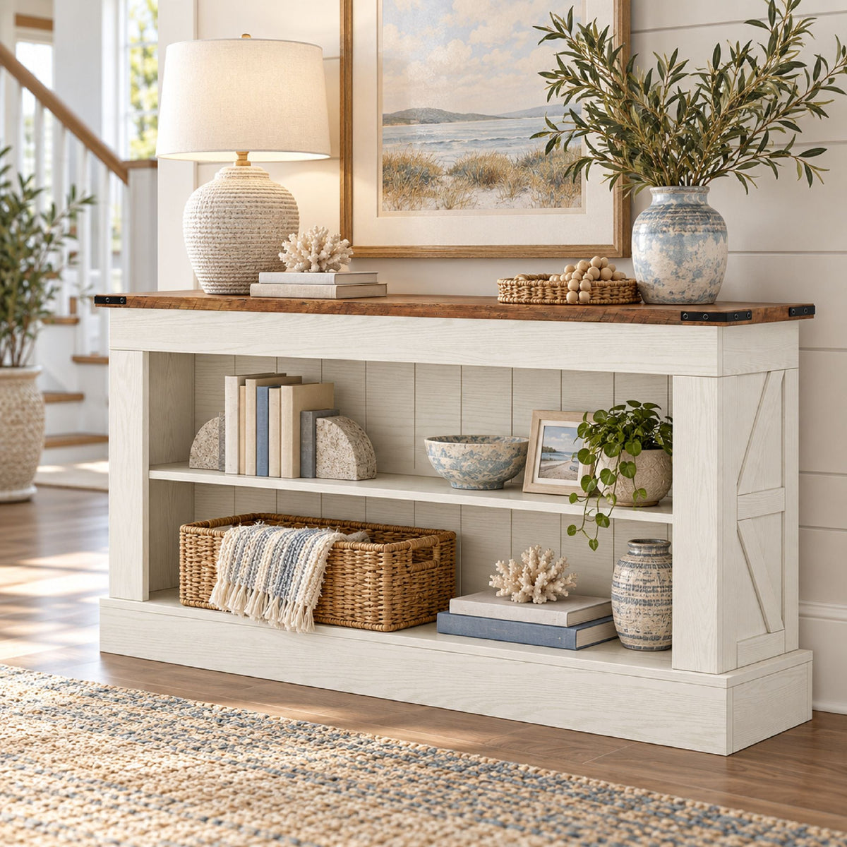 Modern Long Console Table with Open Storage Shelves