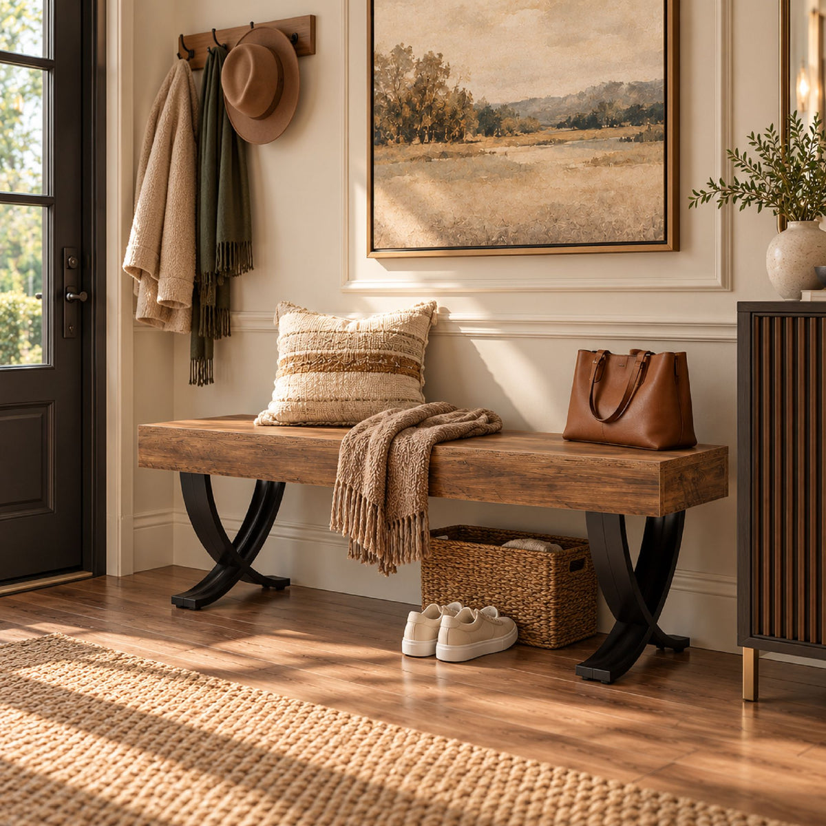 Ndustrial Entryway Bench with X-Frame Metal Base