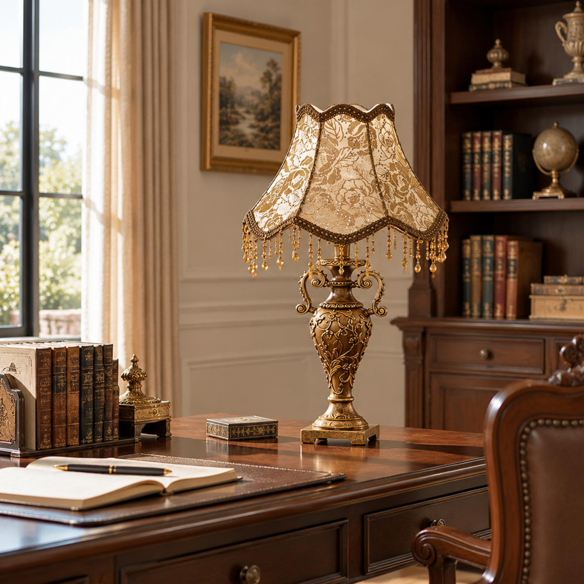 European Royal Style Table Lamp with Floral Fabric Shade