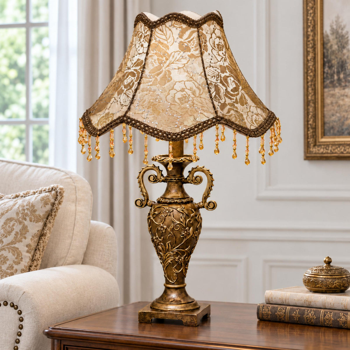 European Royal Style Table Lamp with Floral Fabric Shade