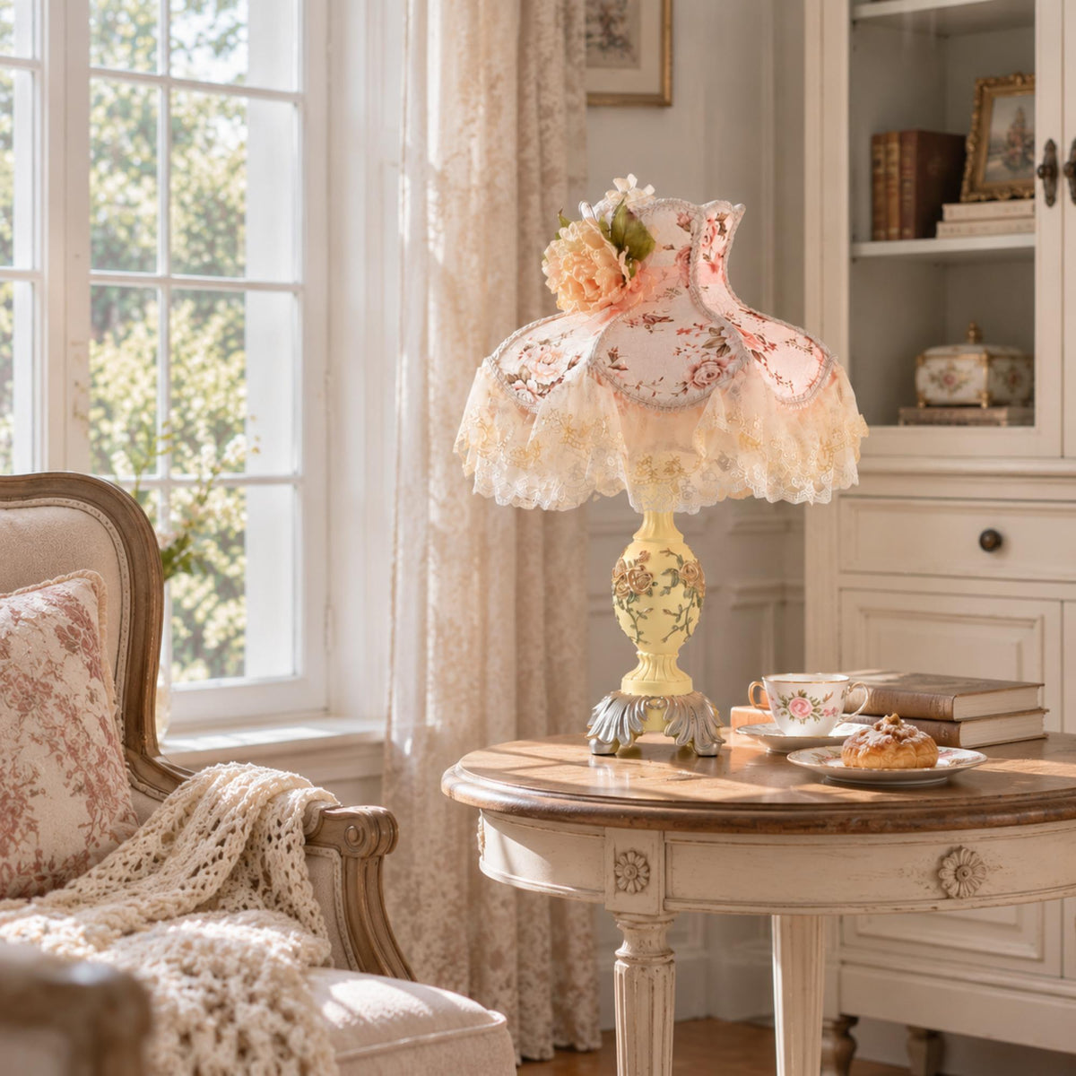 Romantic Cottage Table Lamp with Floral Lace Shade