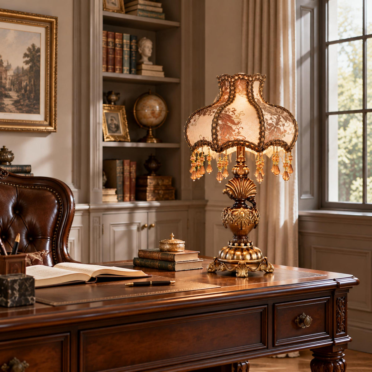 Antique Victorian Table Lamp with Damask Fabric Shade