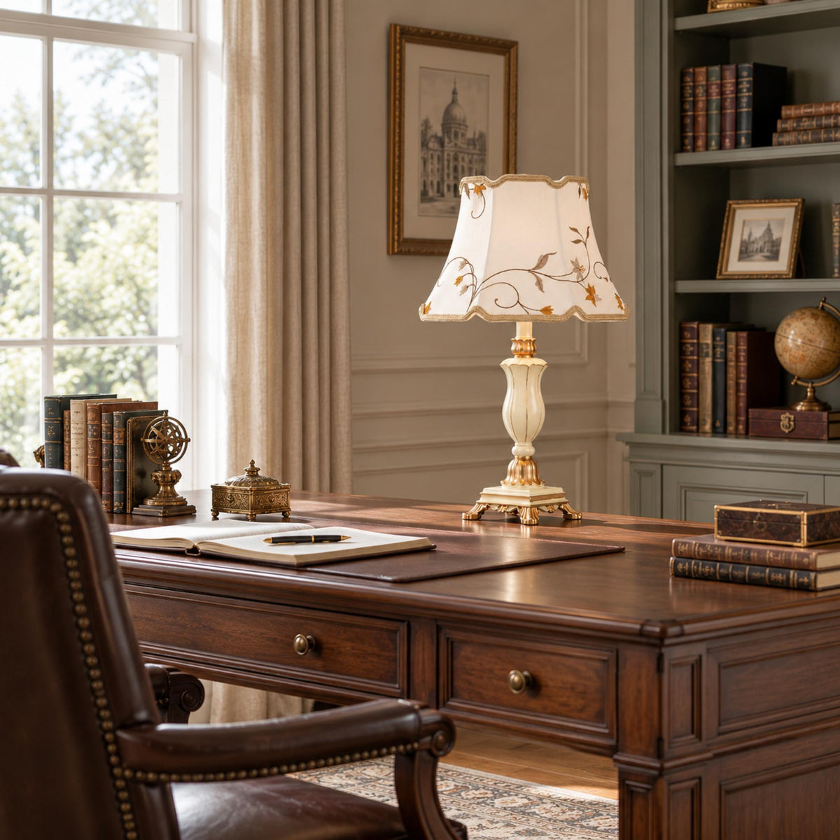 French Table Lamp with Embroidered Botanical Shade, Ivory and Gold Finish, Elegant Sculpted Base