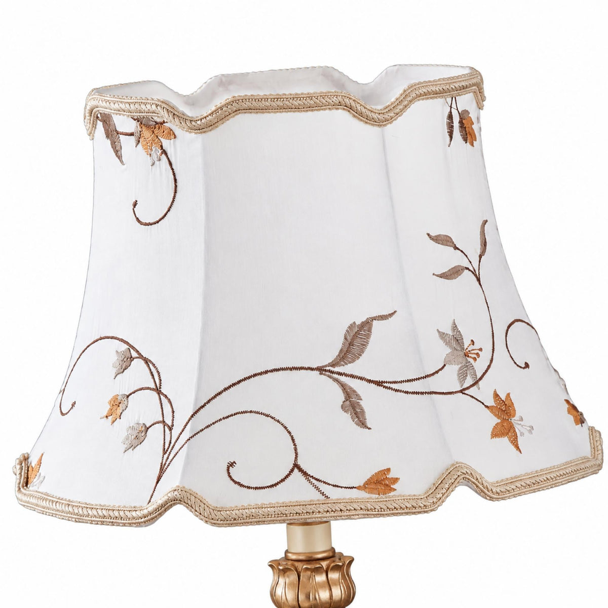 French Table Lamp with Embroidered Botanical Shade, Ivory and Gold Finish, Elegant Sculpted Base