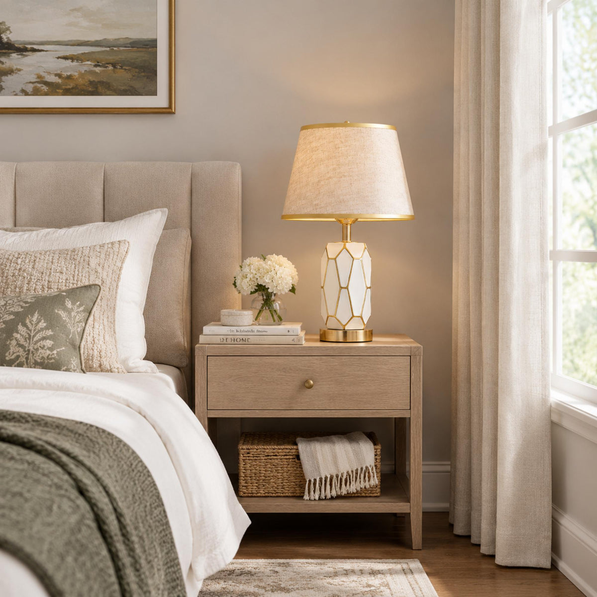 Modern Glam Table Lamp with Natural Linen Shade, Geometric Glass Body and Polished Gold Accents