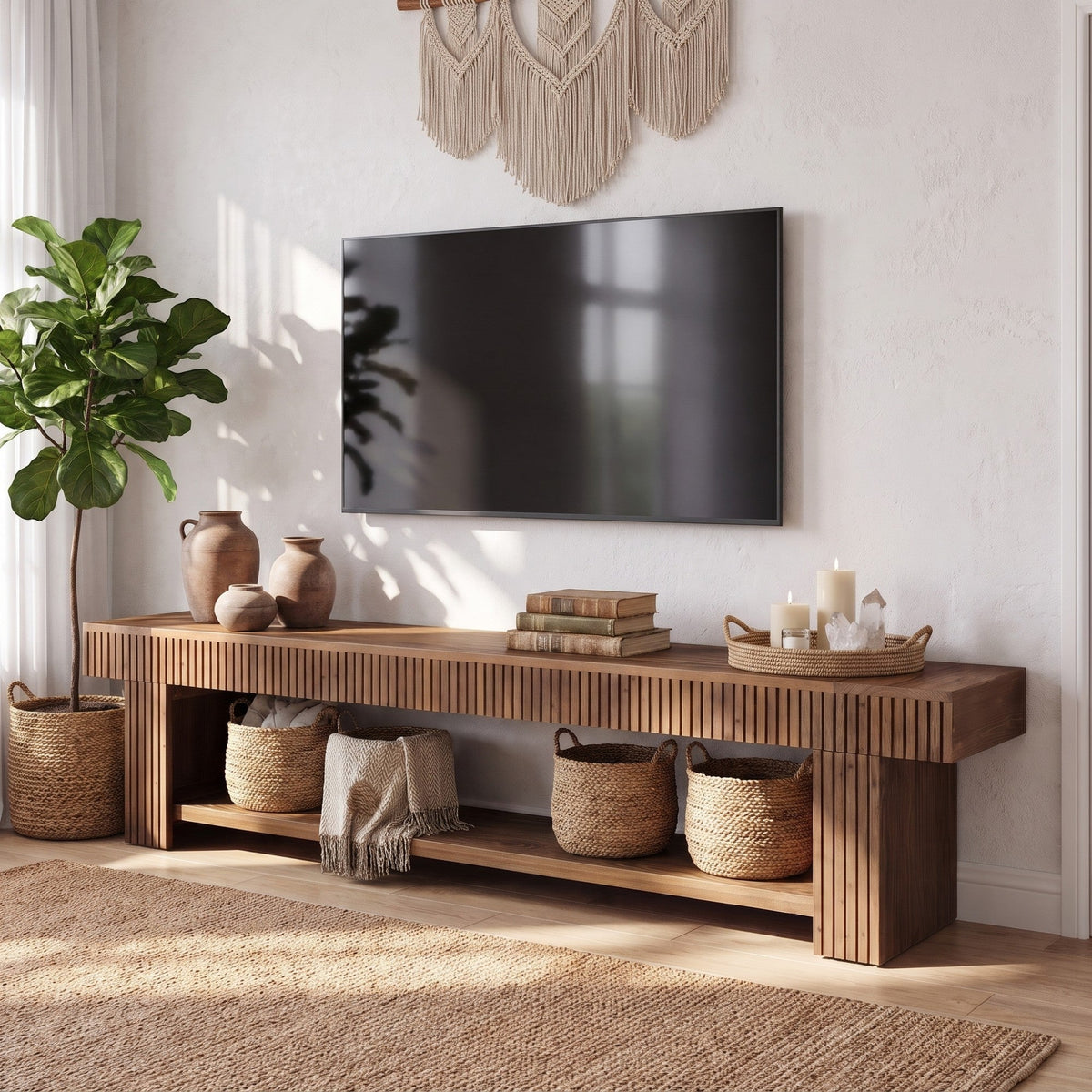 Fluted TV Stand Media Console with Open Storage Shelf