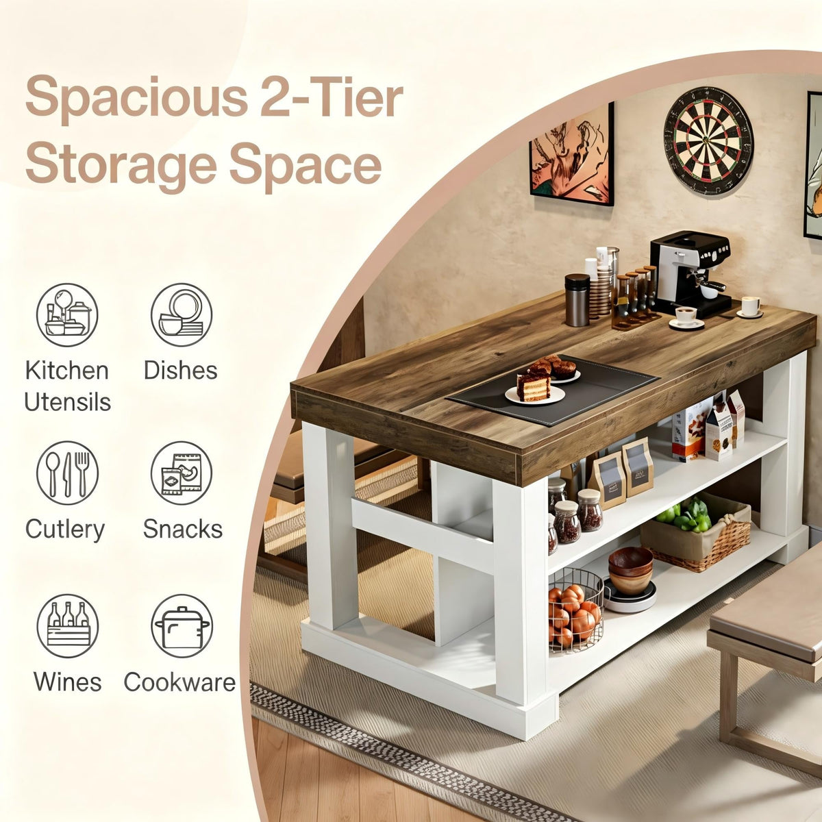 Two-Tone Kitchen Island with Open Storage Shelves