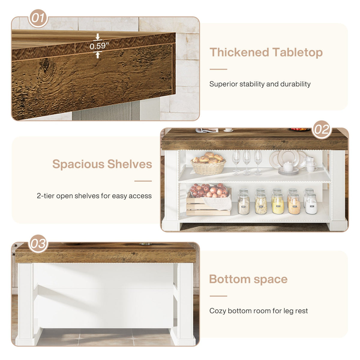 Two-Tone Kitchen Island with Open Storage Shelves