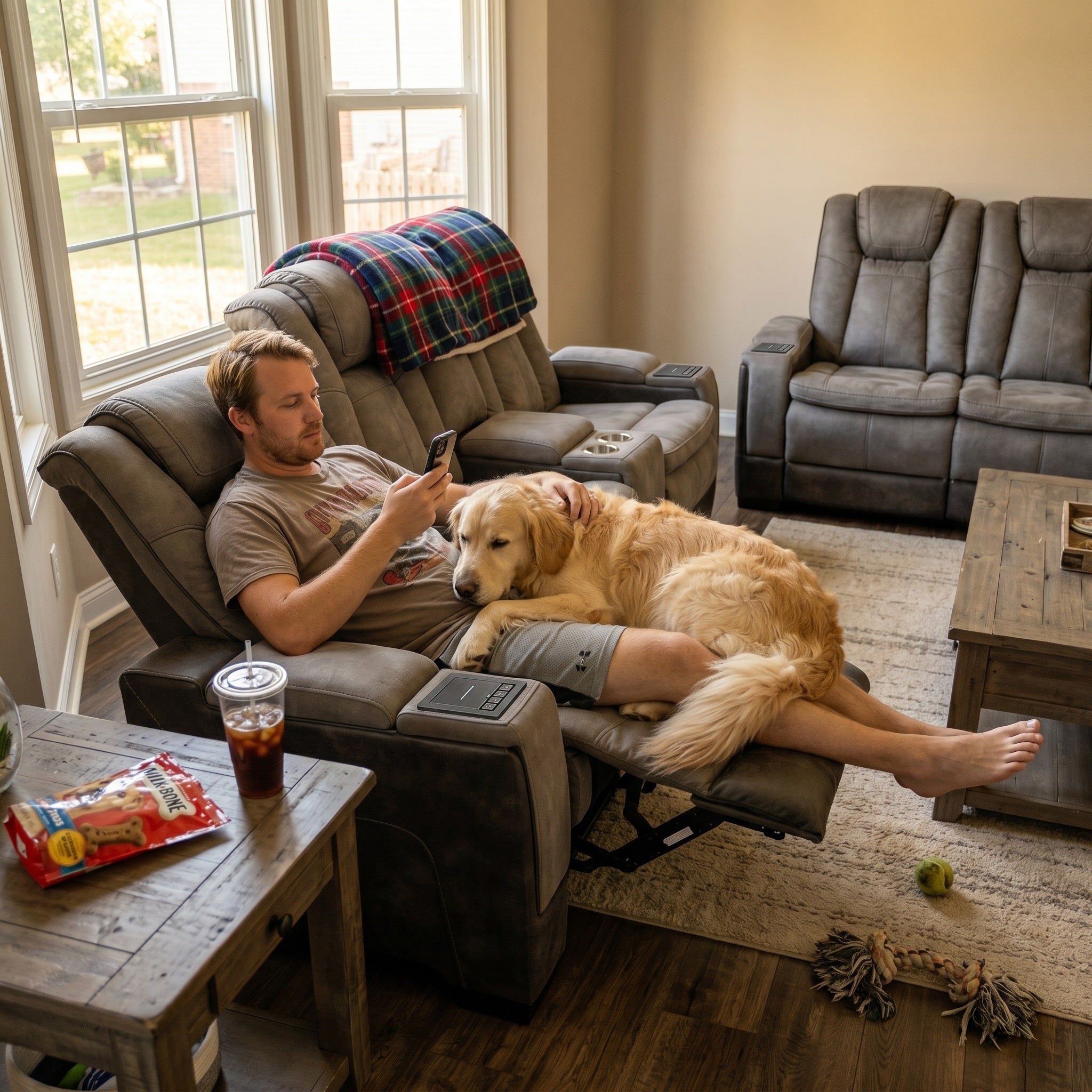 A man relaxes in a Charlie grey power recliner loveseat with a golden retriever dog lying on his lap, holding a smartphone in a cozy living room setting.