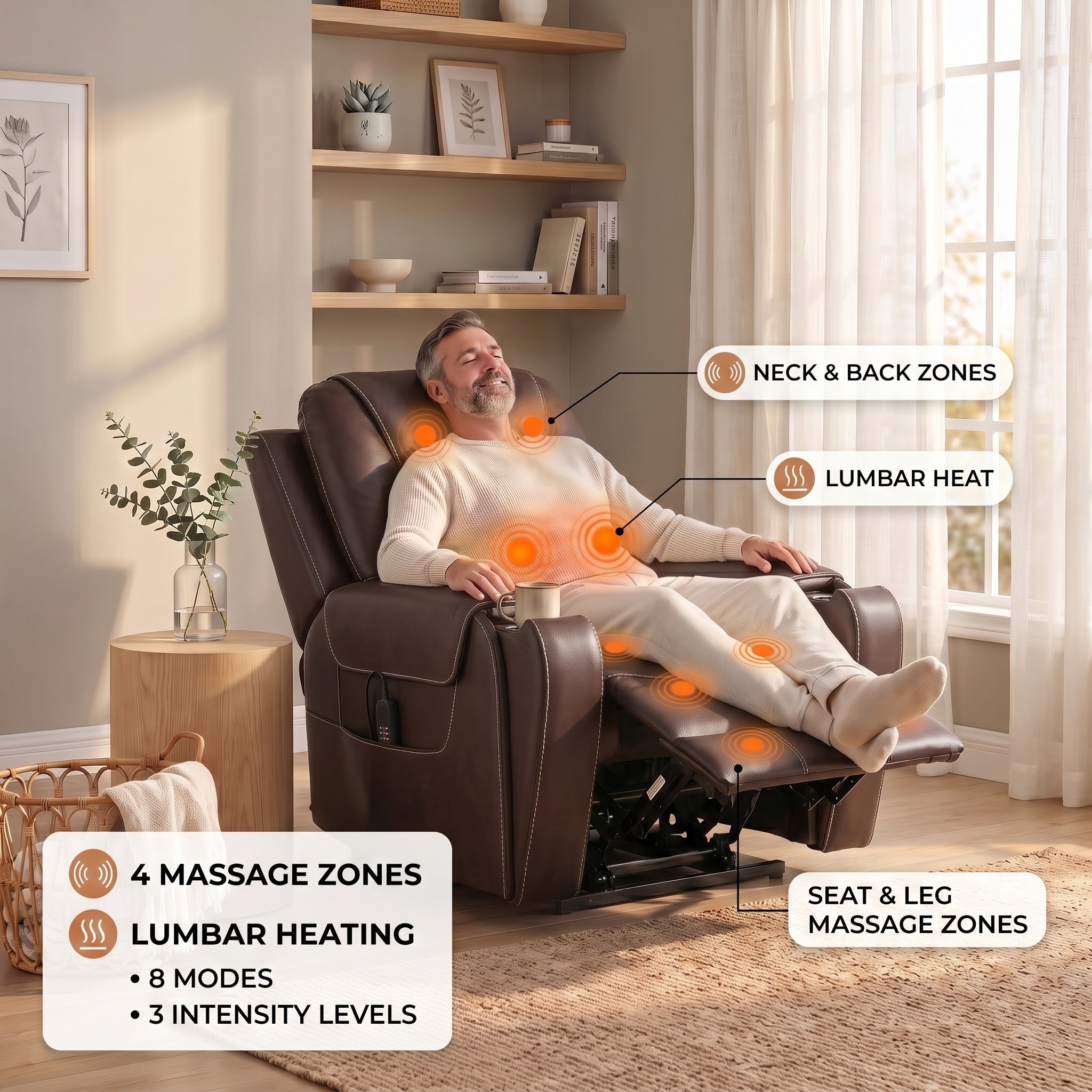 A man sitting in a brown power recliner chair in a bright living room, with callout labels showing neck and back zones, lumbar heat, seat and leg massage zones, and feature text about 4 massage zones, lumbar heating, 8 modes, and 3 intensity levels.