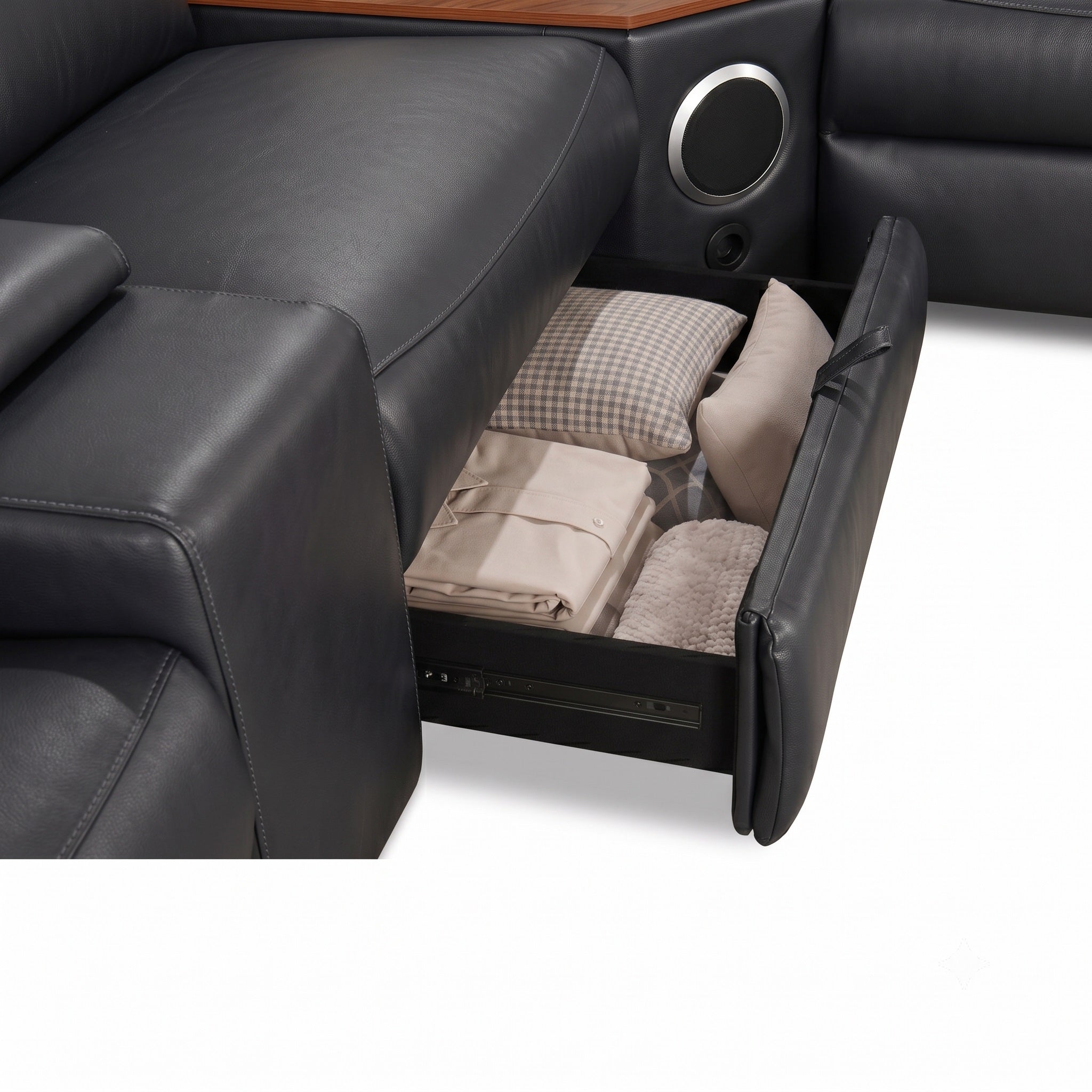 Equipped with a built-in soft-close hinged lid that opens gently and safely, offering generous storage space for blankets, throws, and remote controls.