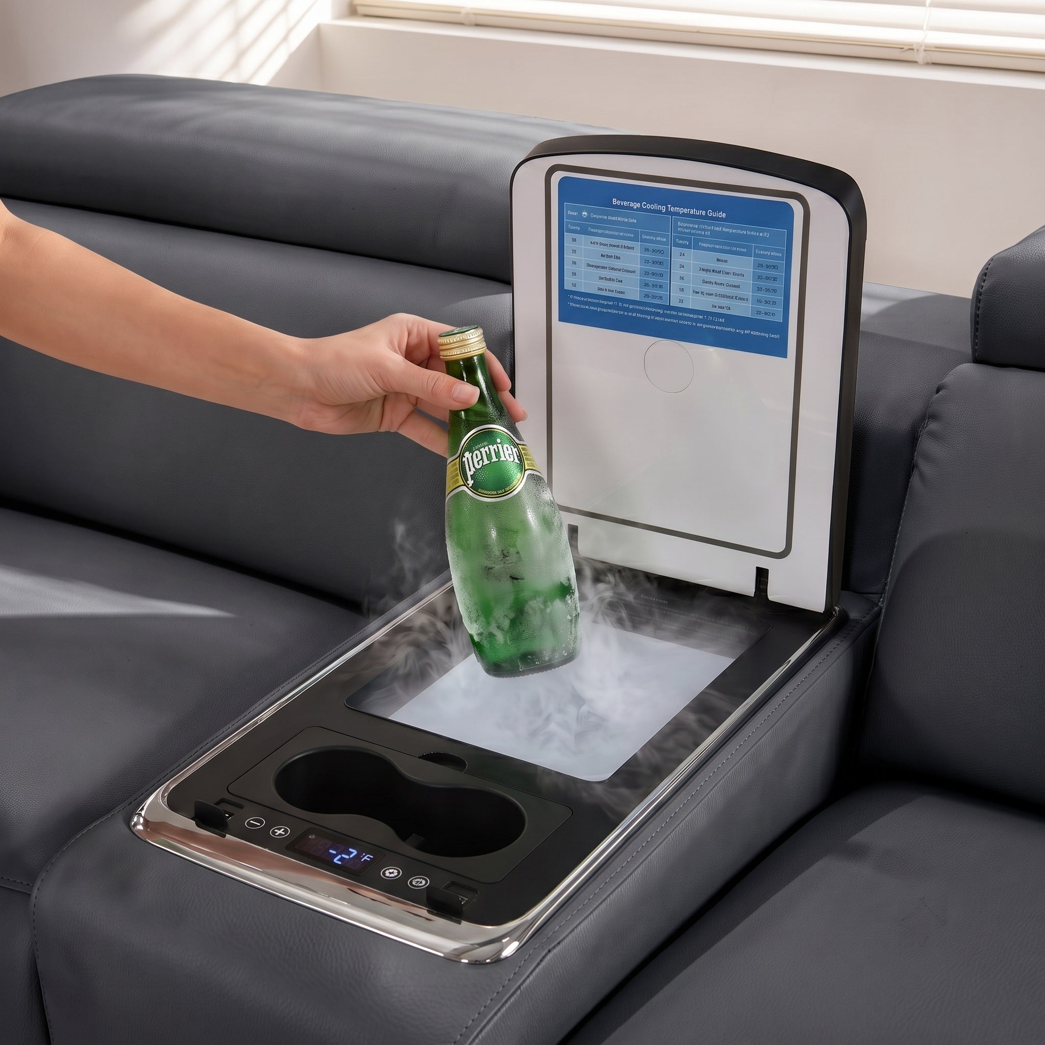 A multifunctional fridge console with customizable temperature, wireless charger, and removable touch reading light for convenience and style.