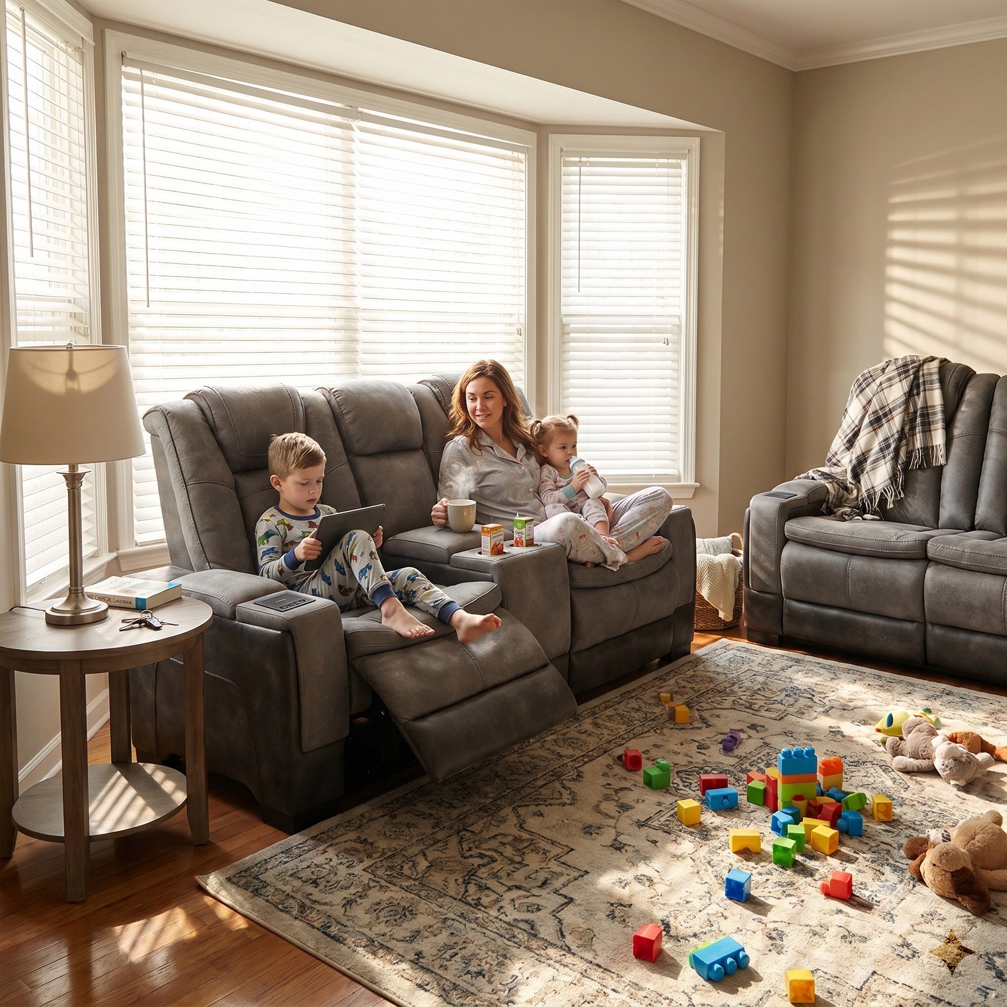 Woman and two children sitting on a gray power recliner loveseat in a living room with toys scattered on the floor.The drinks were neatly placed in the cup holders.