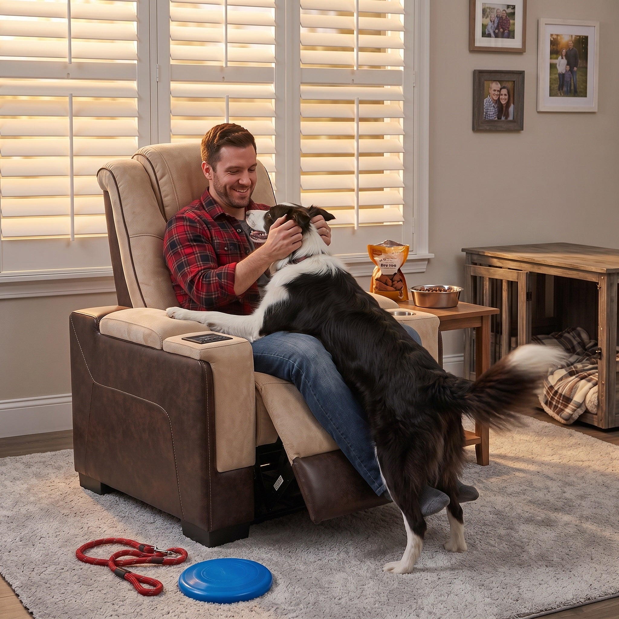A man relaxes in a brown power recliner chair while holding a dog in a living room. The recliner has a electric seat recliner.