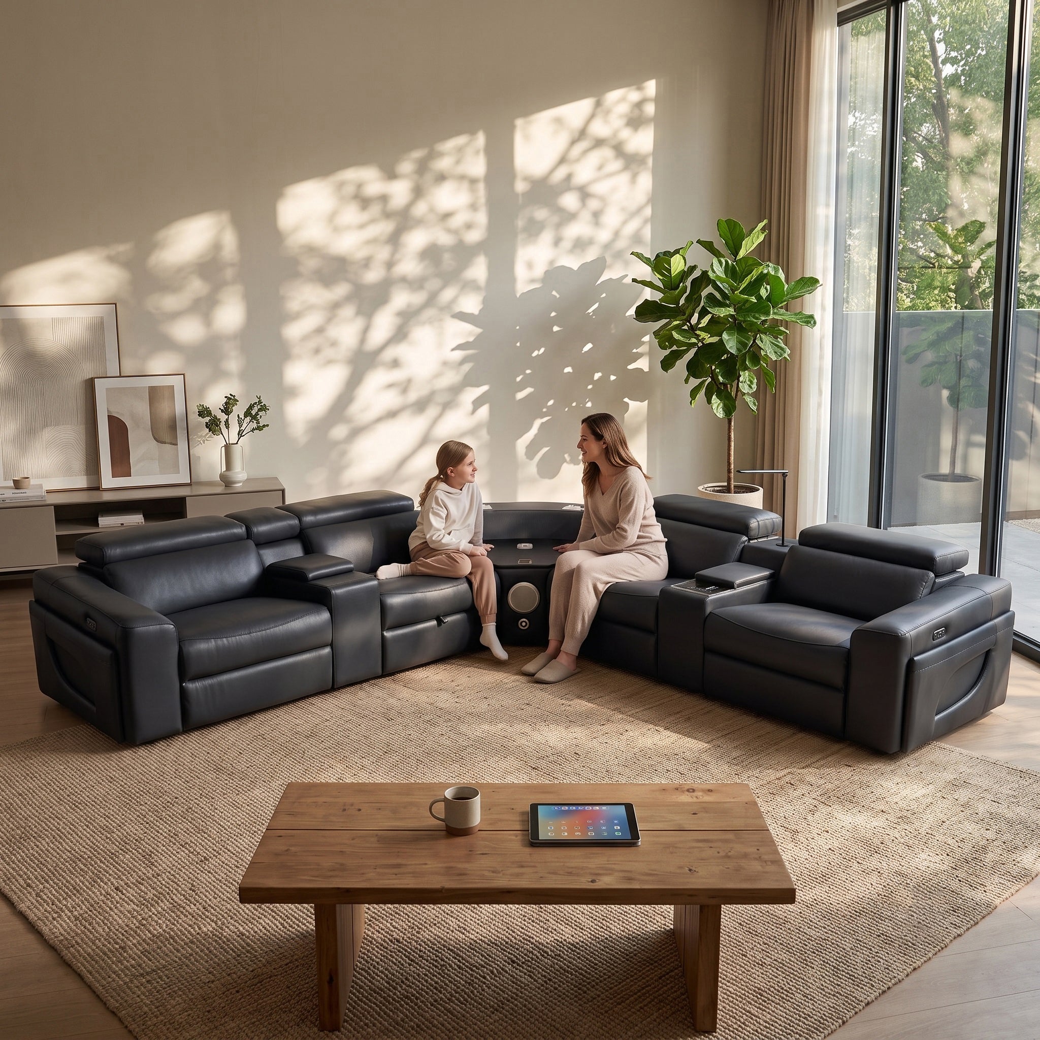 A woman is sitting on the black power recliner air leather sectional, chatting happily with her daughter.