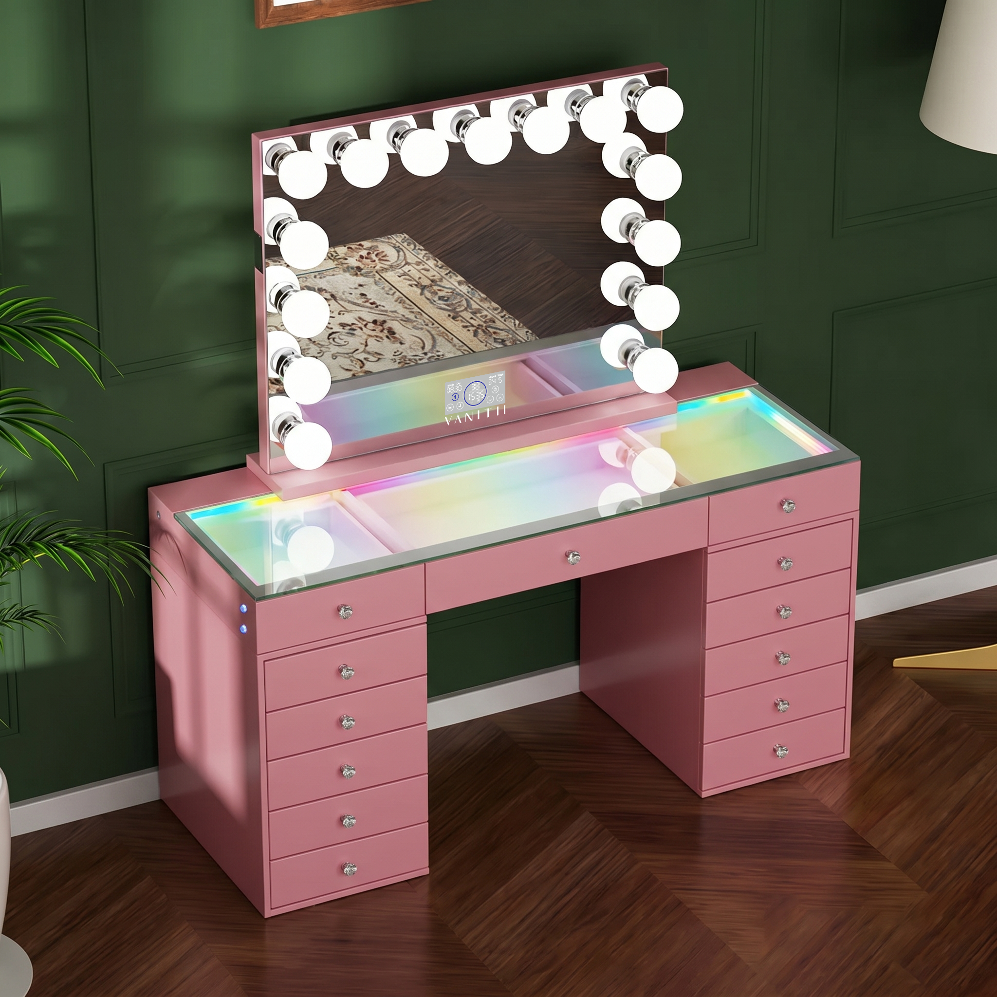 Promotion Deal! VANITII Eva-RGB Vanity Desk Set with 13 Storage Drawers and 15 Bulbs Light Mirror（EVA(IVY-TOP)-RGB+10080BT-WHT-A）
