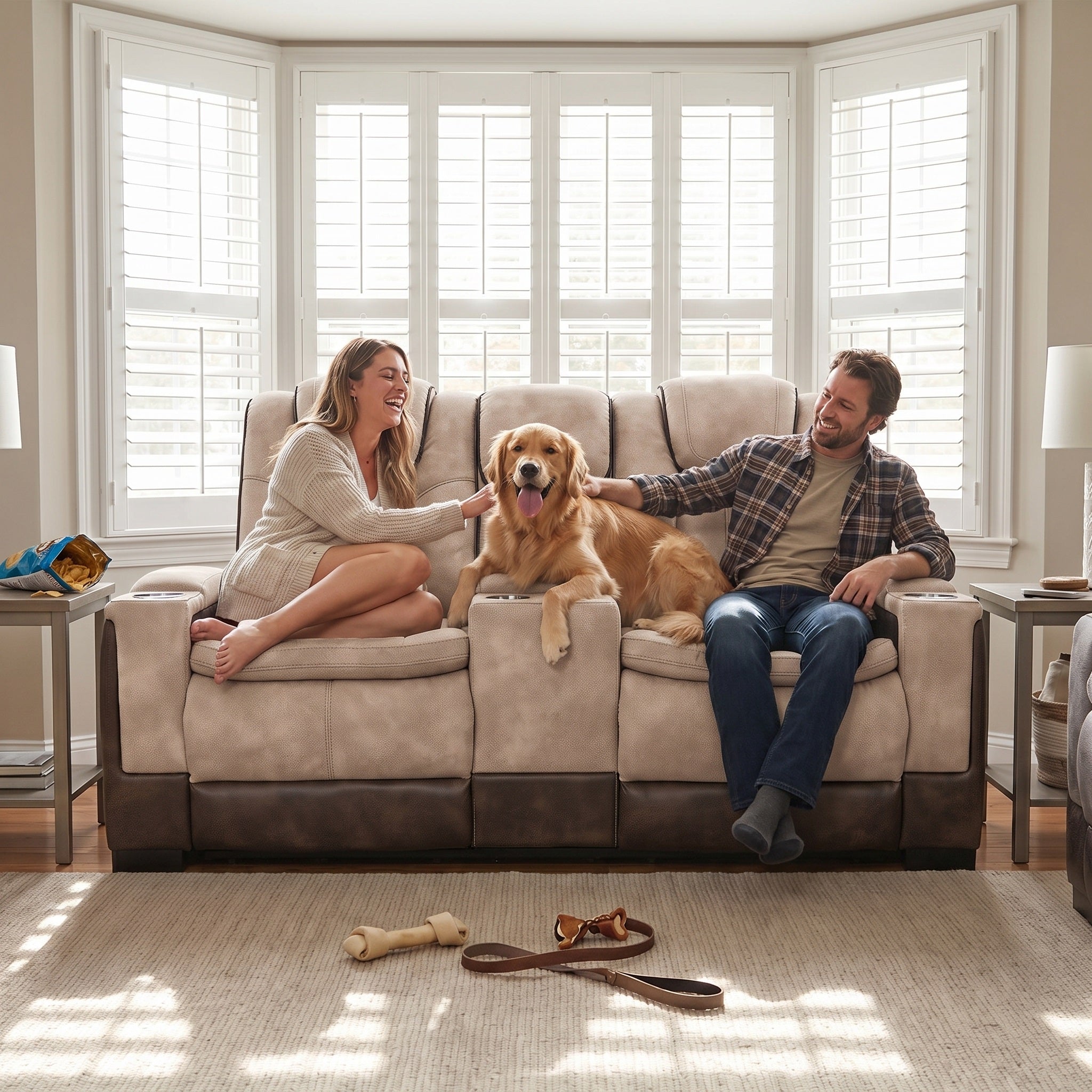 A man and a woman relax on a brown power reclining loveseat with a golden retriever dog sitting between them in a bright living room with bay windows and shutters.