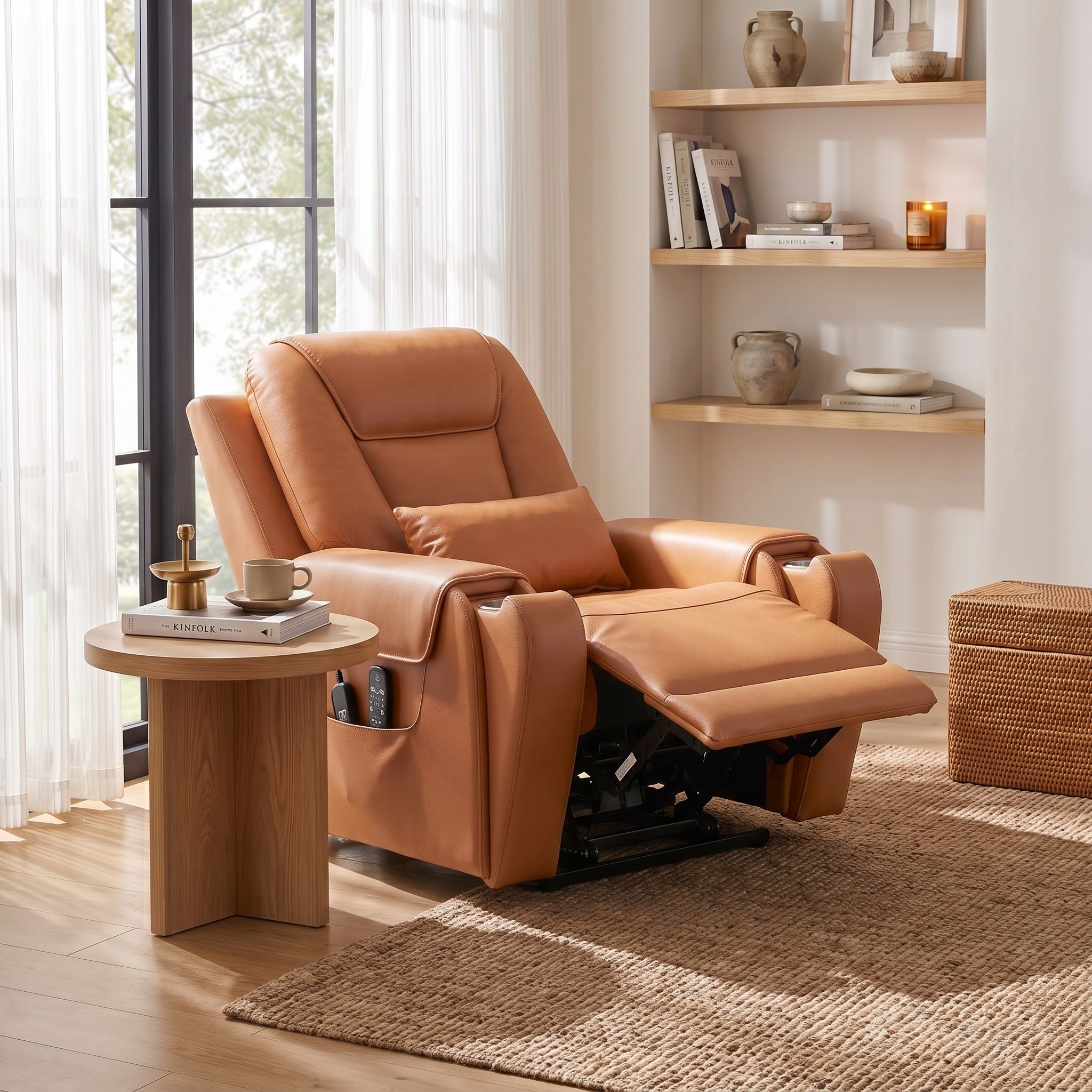 Saddle electric power lift recliner chair features adjustable backrest & footrest & headrest，stainless steel cup holders,built-in USB charging port，offering massage and heat features for modern living room.