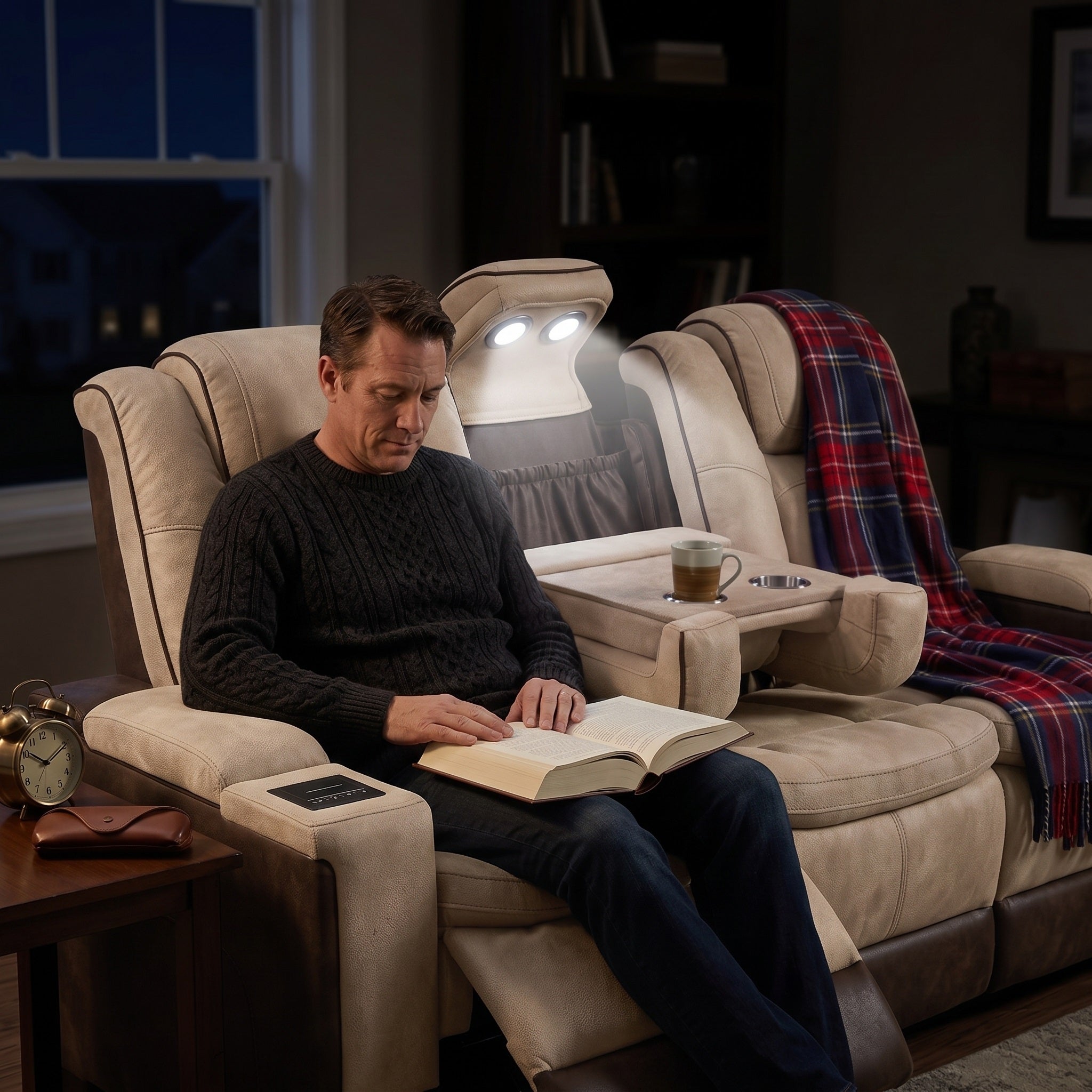 A man is sitting in the living room, using the reading light of the Charlie power recliner sofa to read a book. The cup holder contains a cup filled with coffee, placed steadily.