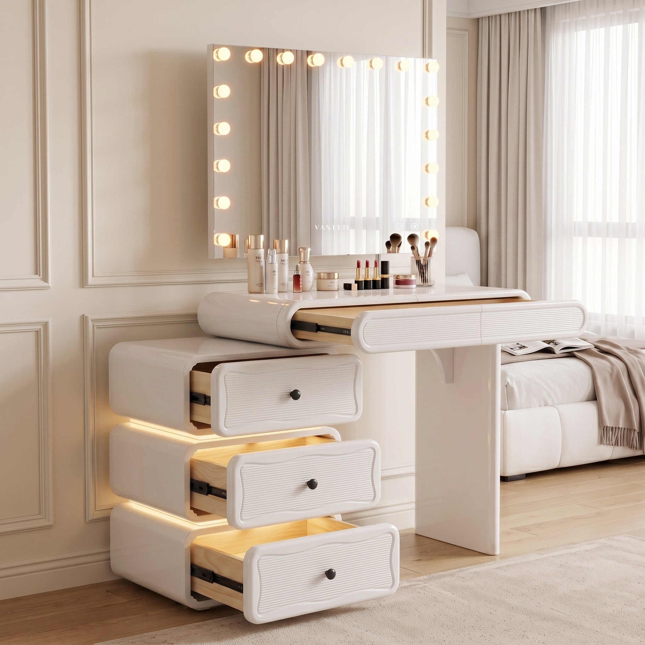 VANATII Jenny Vanity Desk Set With Movable Drawers & 18 LED Bulbs Mirror