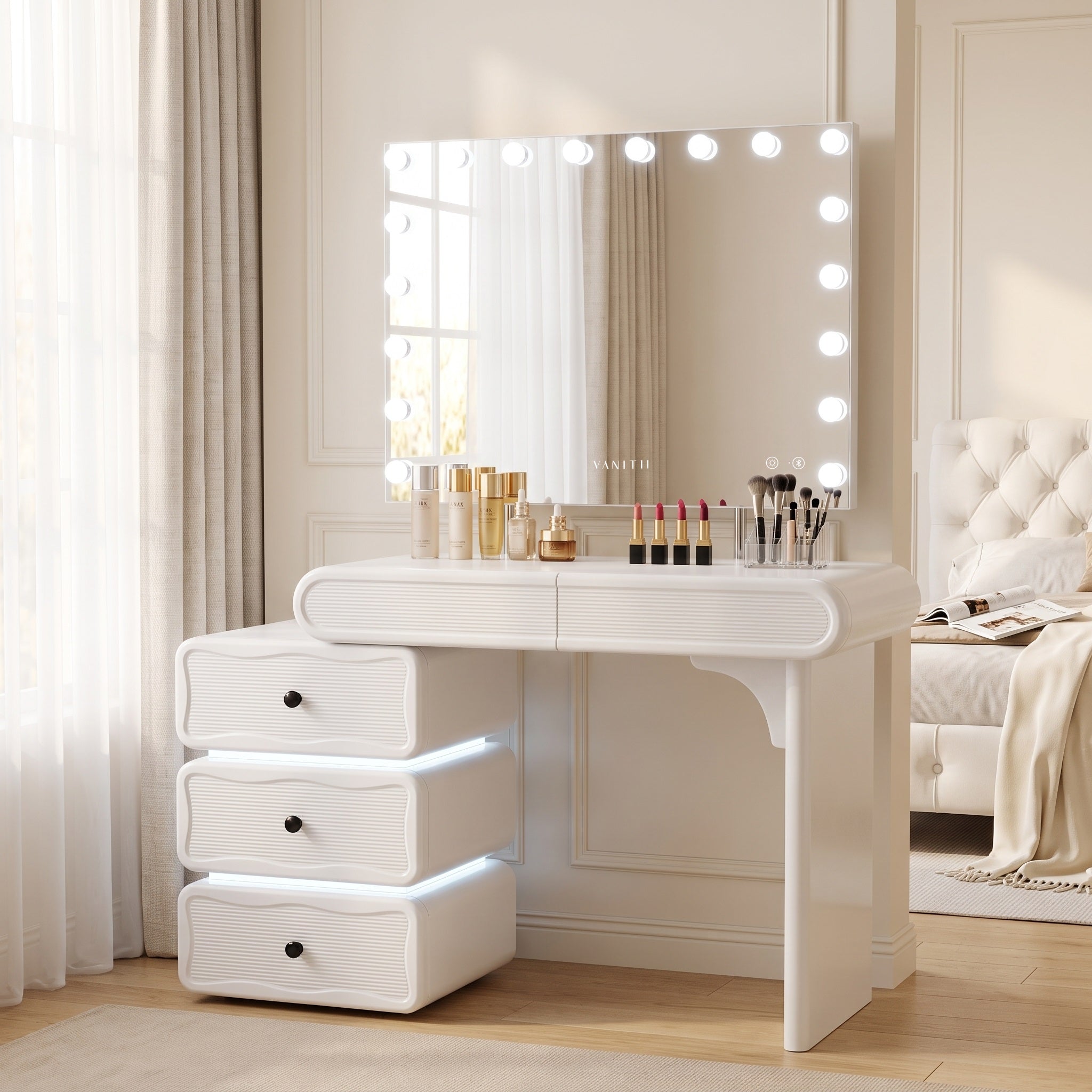 VANATII Jenny Vanity Desk Set With Movable Drawers & 18 LED Bulbs Mirror