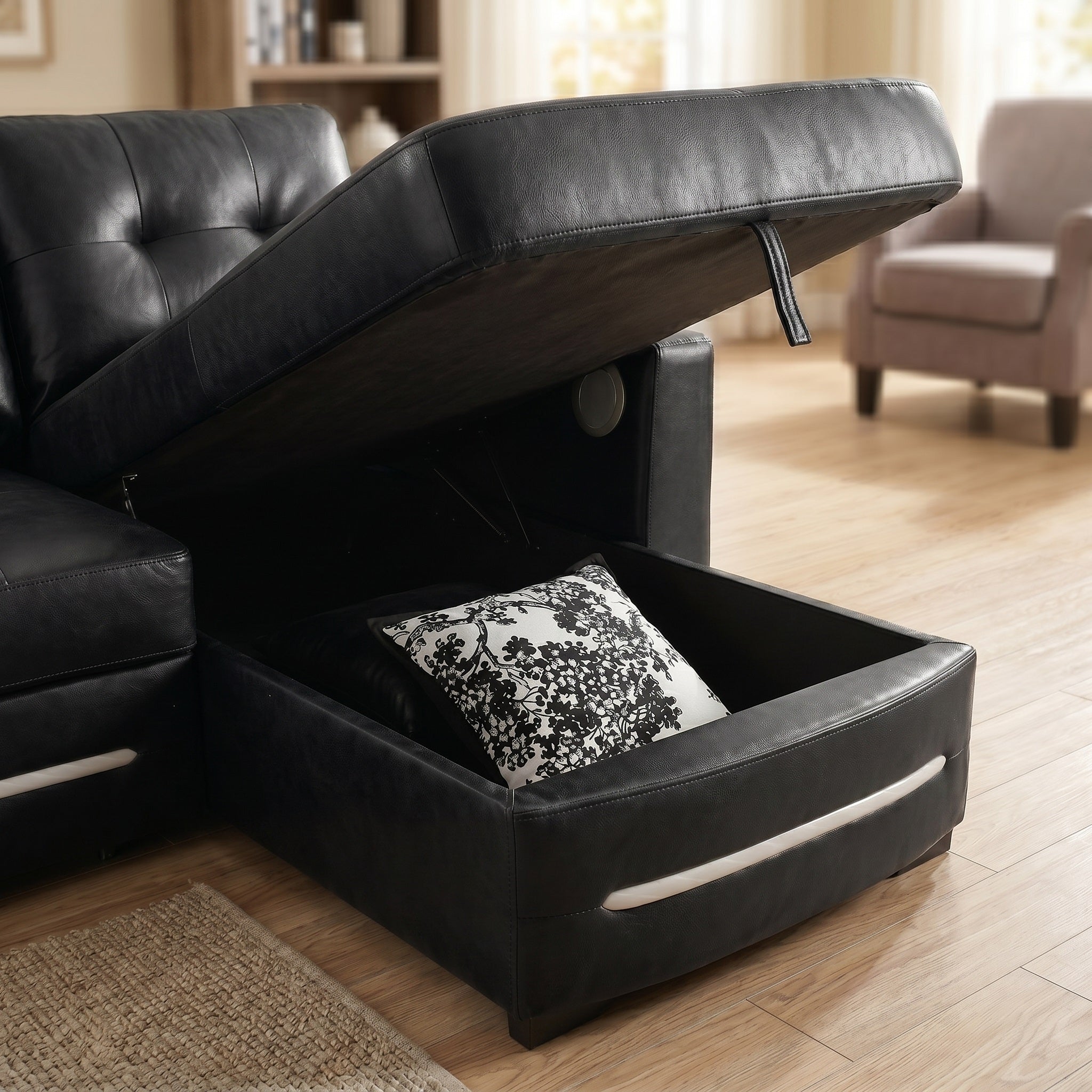 Modern L-Shaped Sectional Sofa Bed with Storage & Pull-Out Bed – Black Fabric Right Chaise