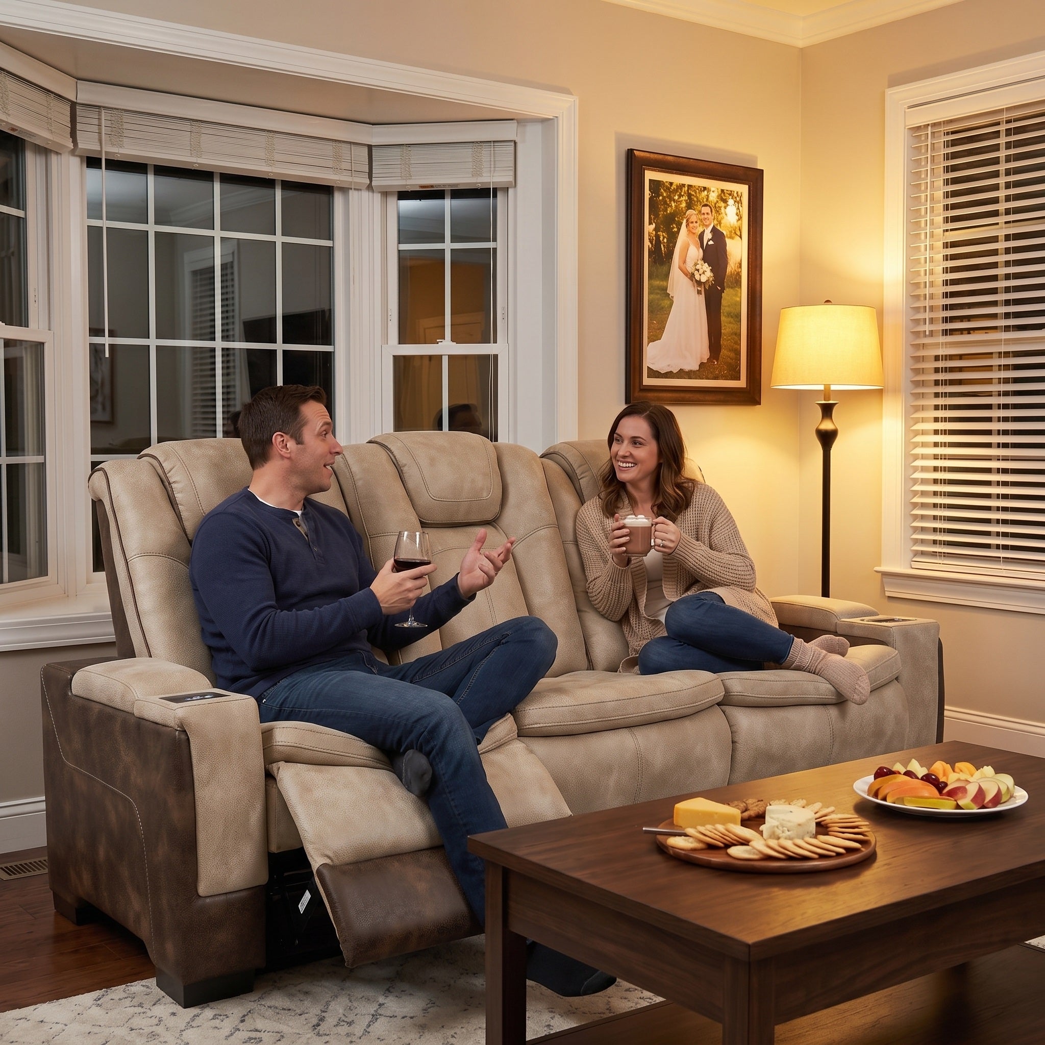 A couple relax in a brown power recliner sofa in a cozy living room setting