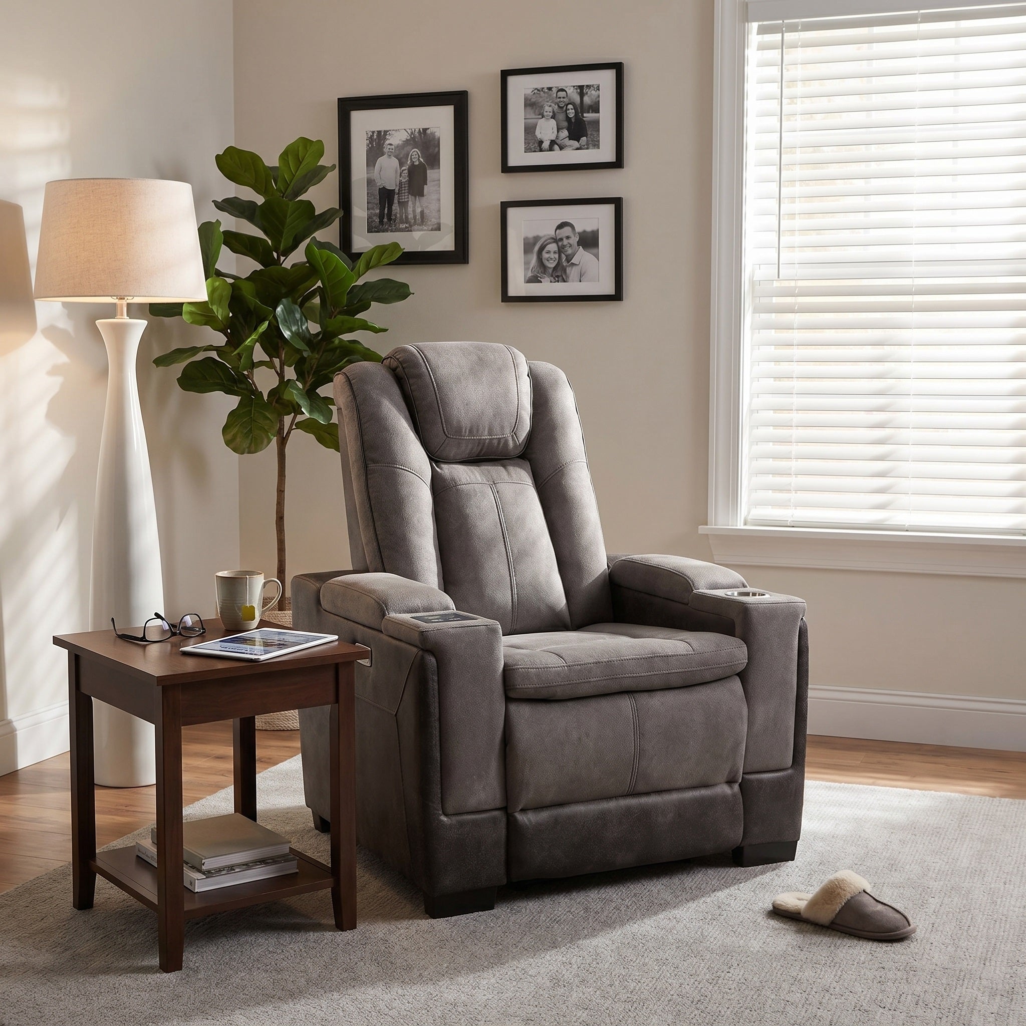 A Charlie gray power recliner chair equipped with cup holders, intelligent console in a cozy living room