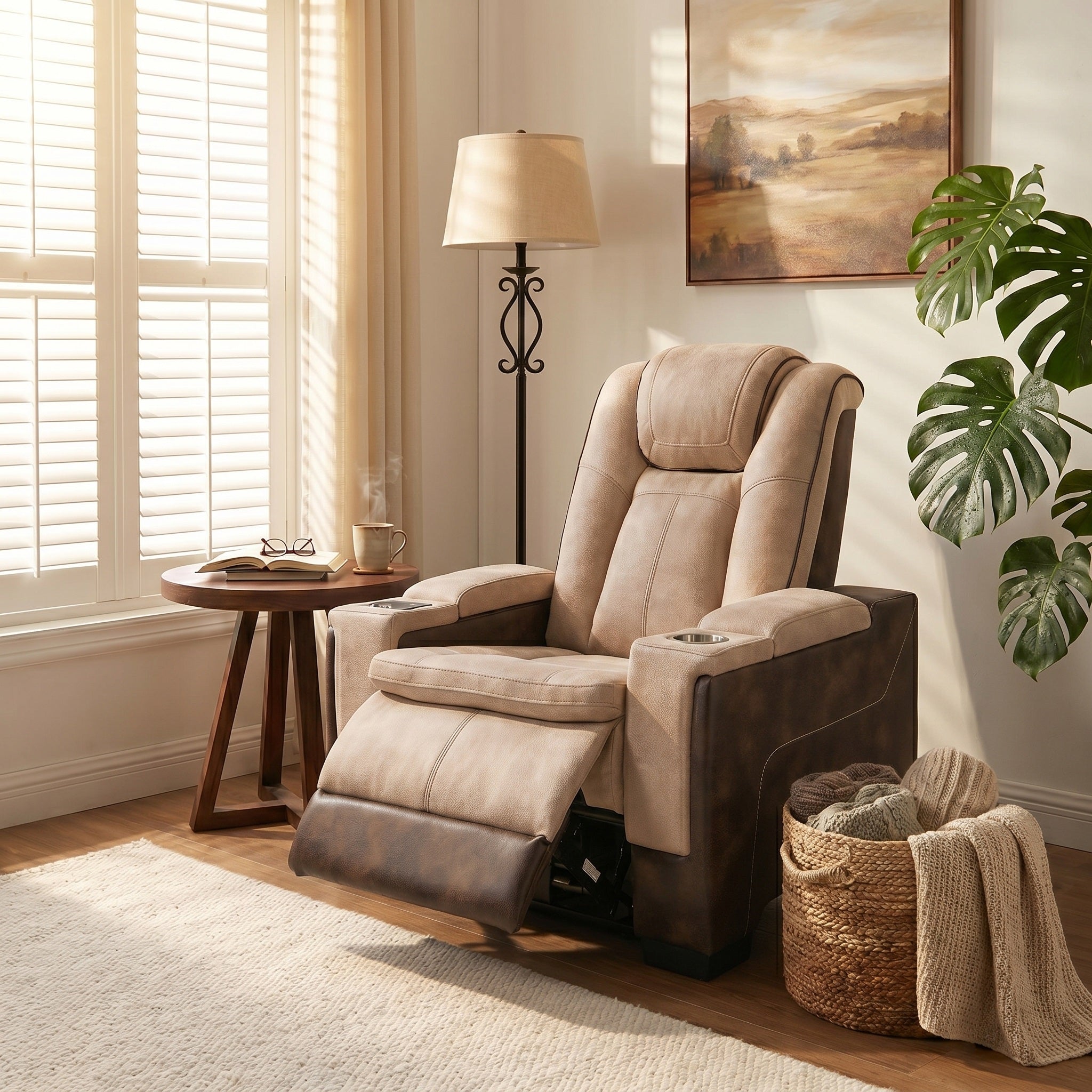 In the living room, there is a Charlie Brown power recliner chair equipped with cup holders, adjustable backrests and footrests.