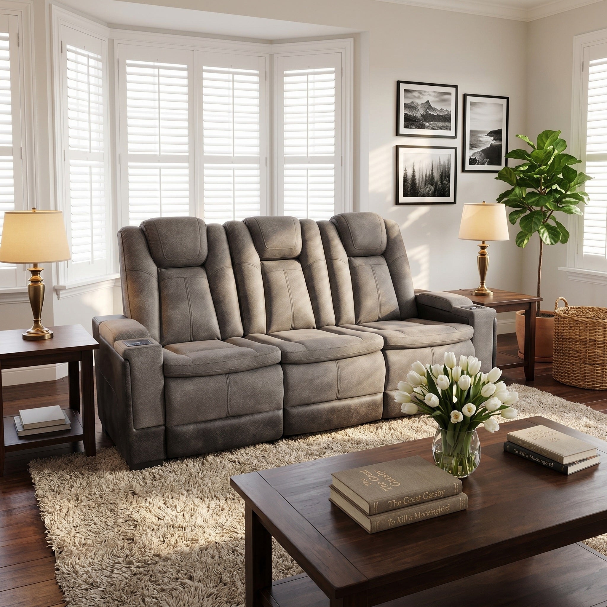 Charlie power recliner sofa in gary faux leather, shown in a staged living room with cup holders and intelligent console.