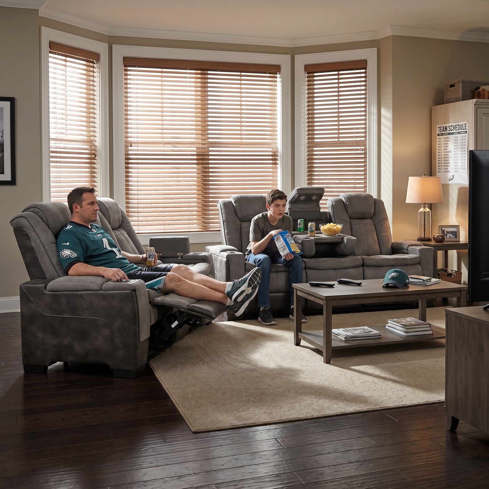 Two men sitting in gray power recliner sofa set in a living room with a coffee table and TV.