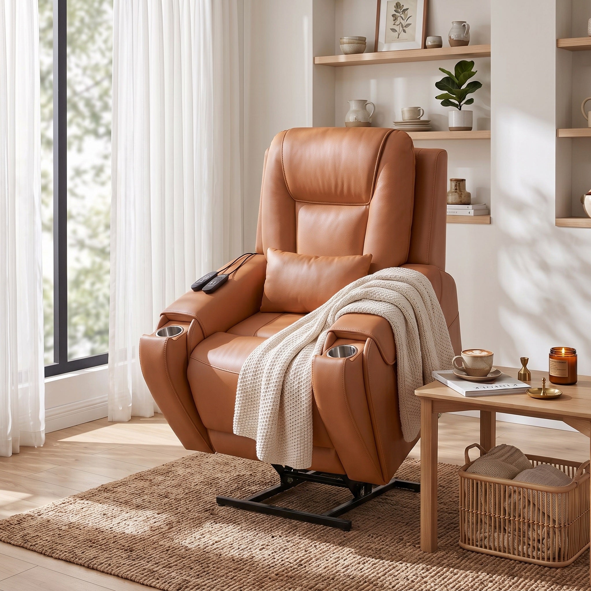 The base of the saddle electric power lift recliner chair can be adjusted to a comfortable height.
