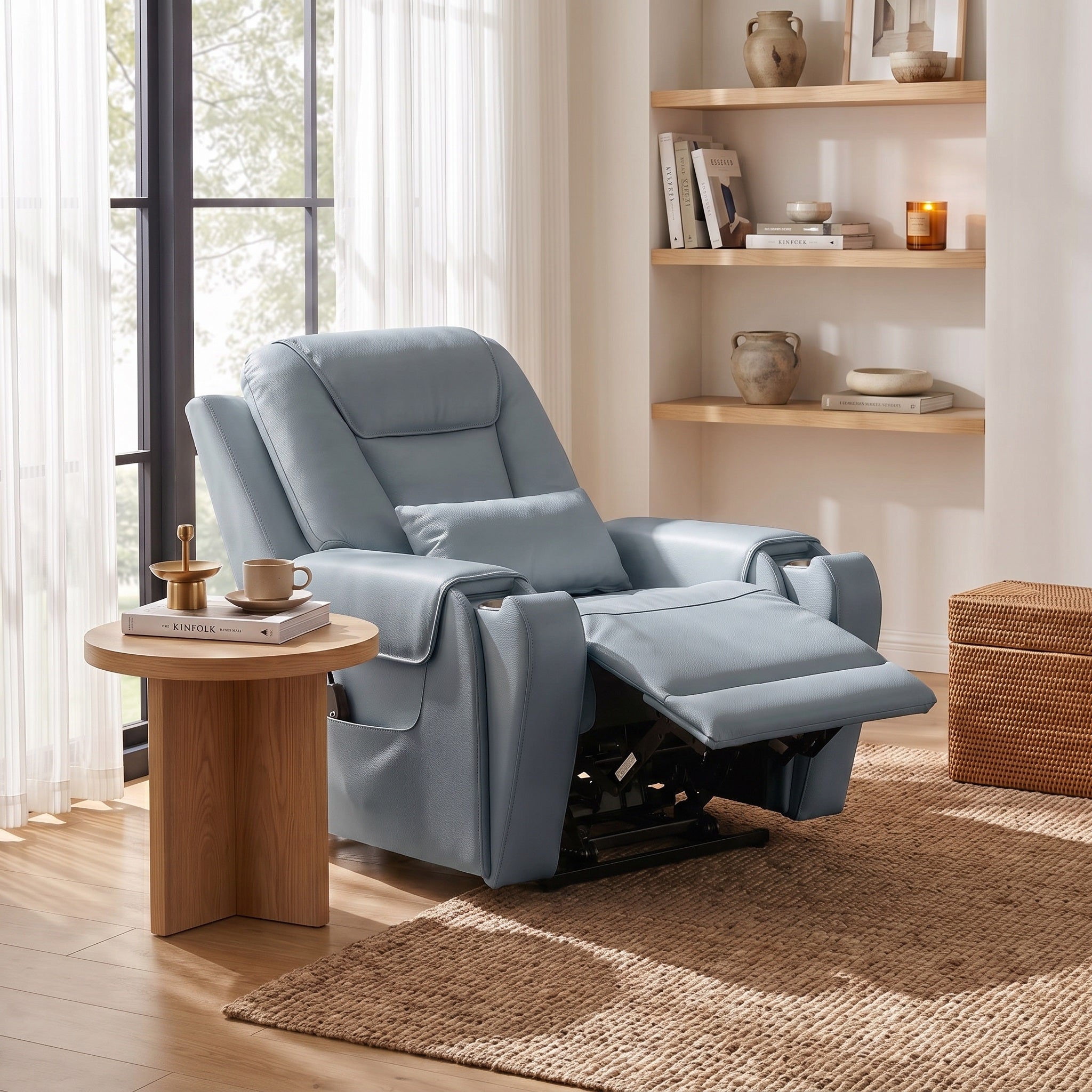 Blue Electric Power Lift Recliner Chair features adjustable backrest & footrest & headrest，stainless steel cup holders,built-in USB charging port，offering massage and heat features for modern living room.