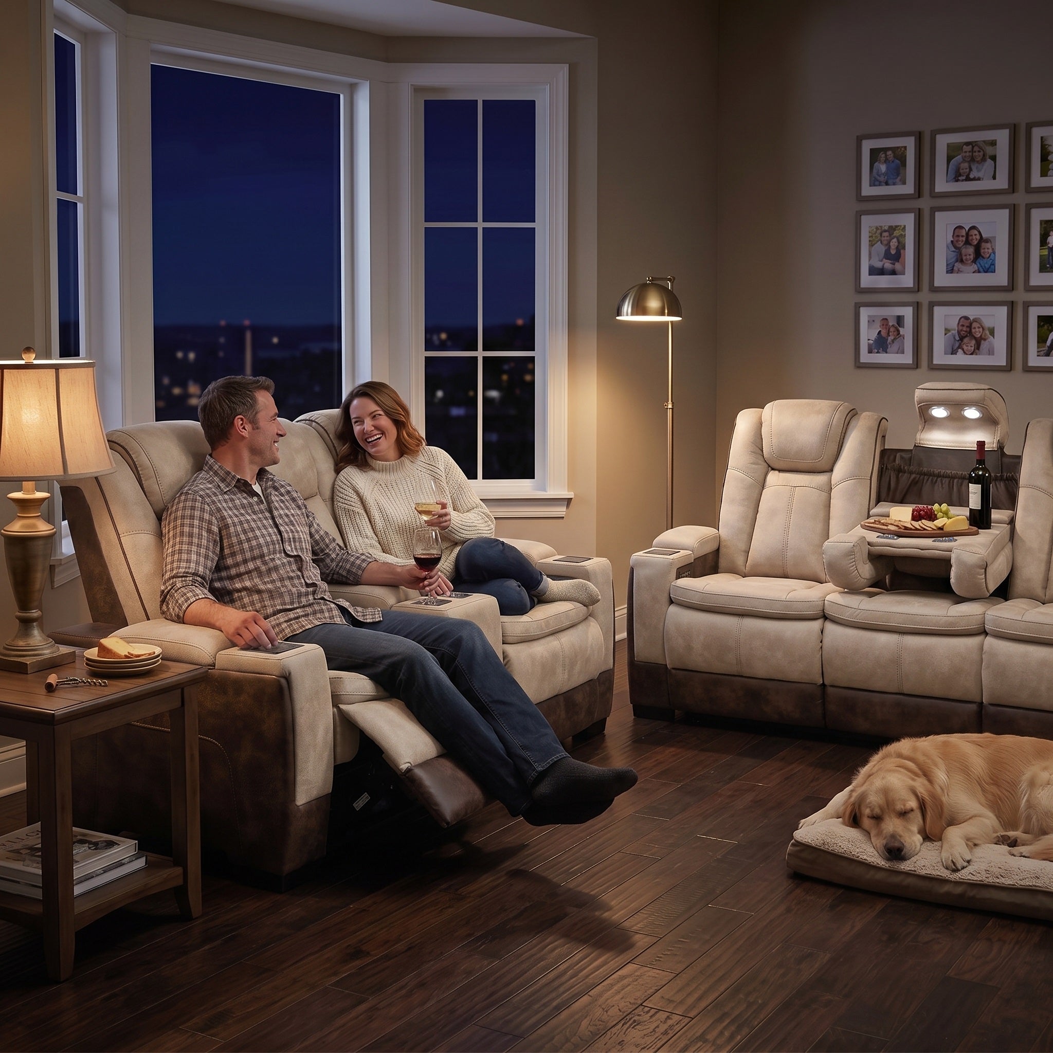 Man and woman sitting in power recliner loveseat in a cozy living room with a dog on a mat.