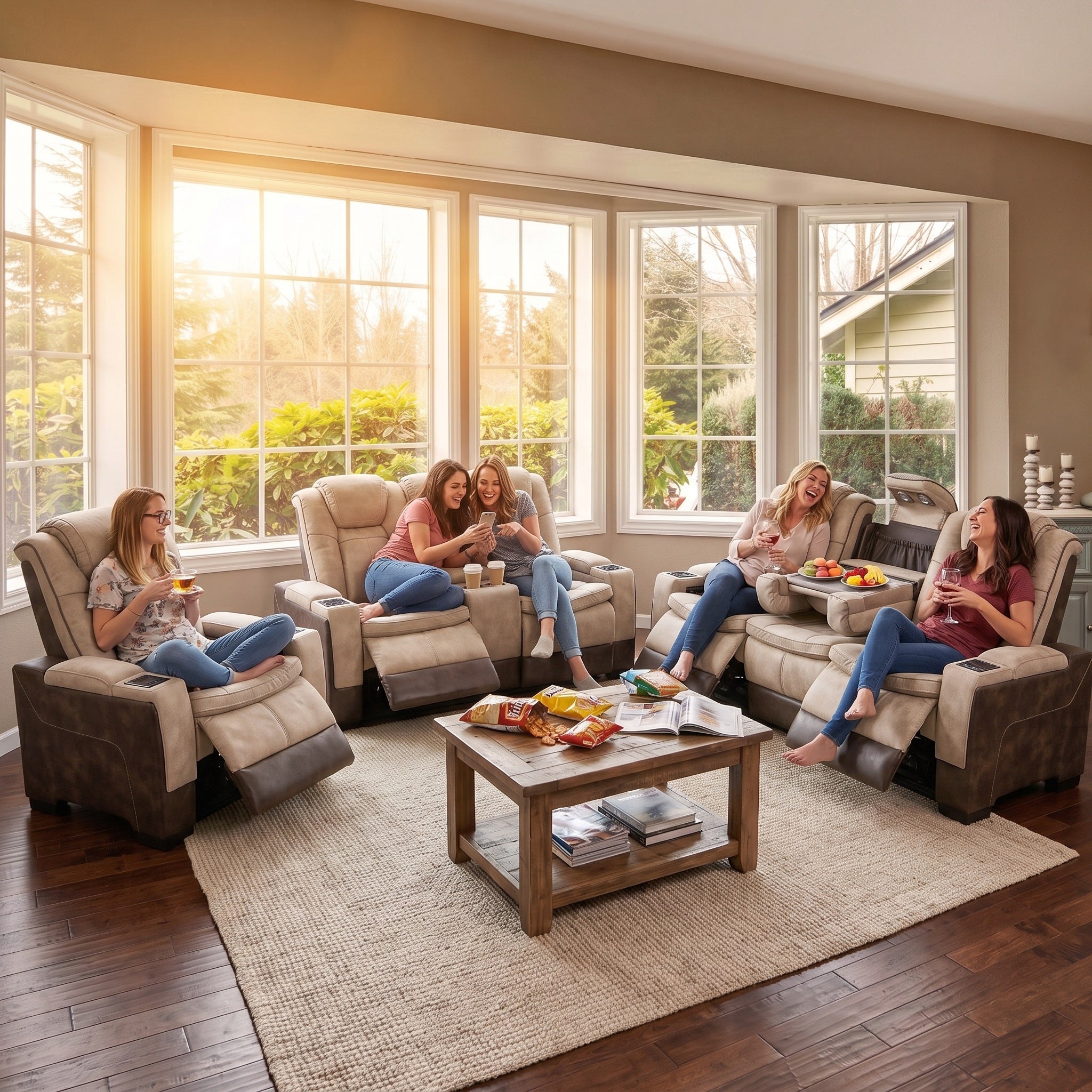 Charlie power recliner sofa set in modern living room, electric recliners supporting 90°-145° power reclining angle range, built-in reading light for family leisure gathering
