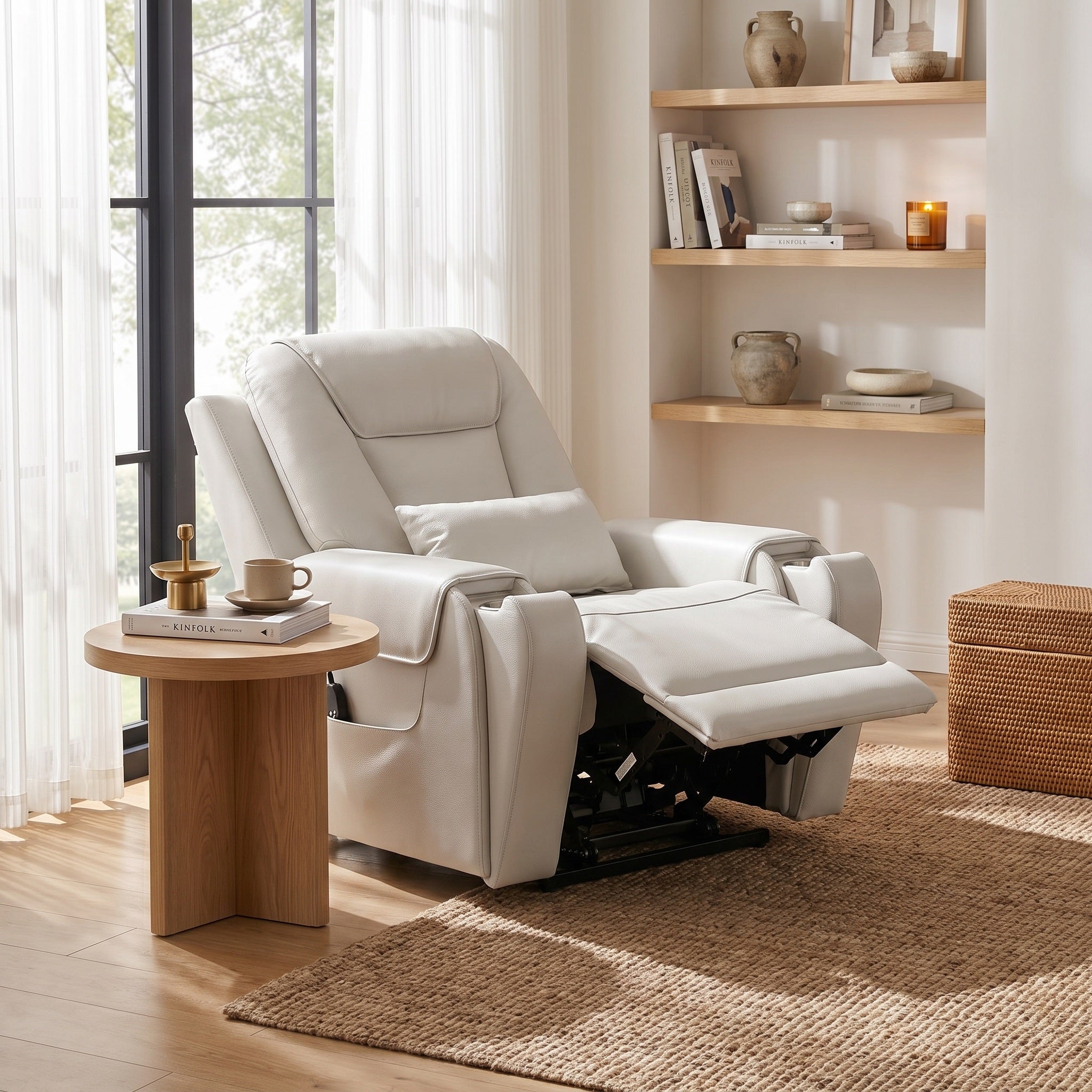 White Electric Power Lift Recliner Chair features adjustable backrest & footrest & headrest，stainless steel cup holders,built-in USB charging port，offering massage and heat features for modern living room.