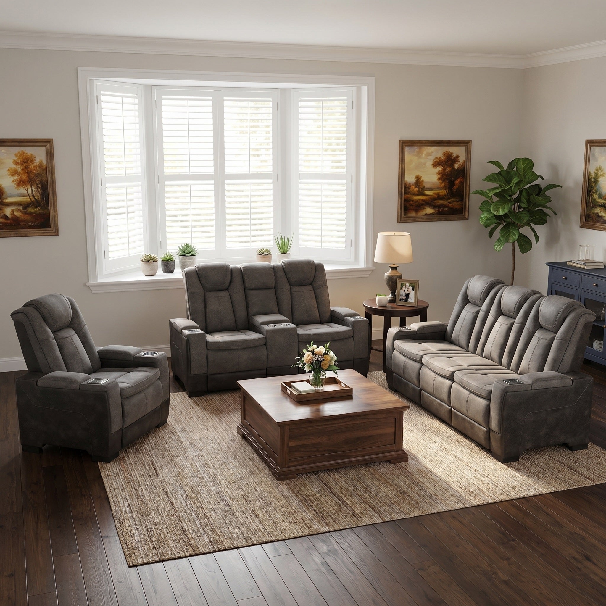 Charlie power recliner sofa set in grey faux leather, shown in a staged living room with cup holders and intelligent console.
