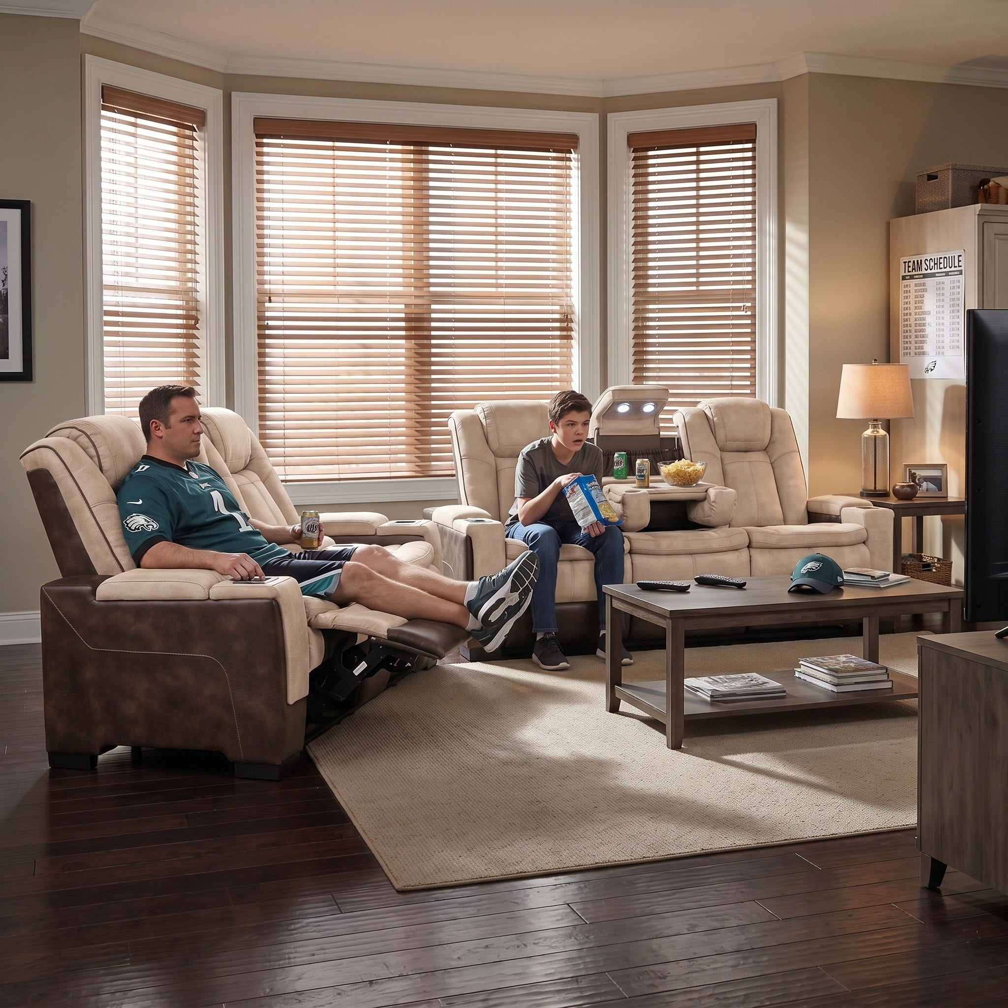 Two men sitting in brown power recliner sofa set in a living room with a coffee table and TV.