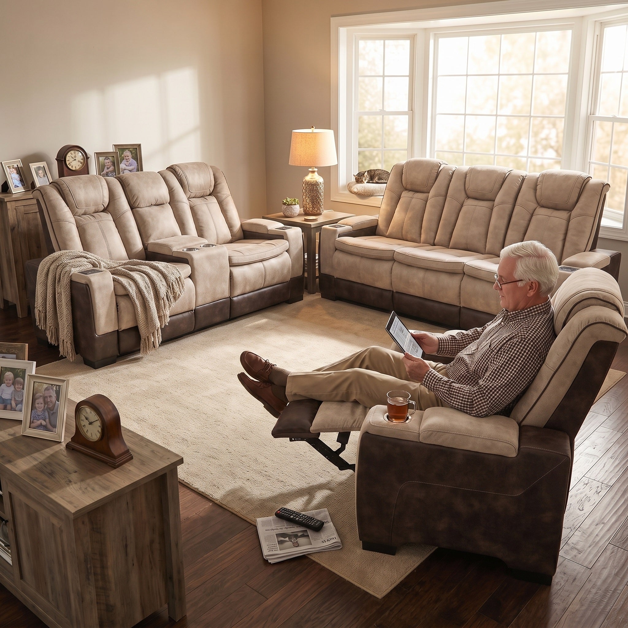 A man is reading in a Charlie brown power recliner chair in a cozy living room.The cup holder contains cups filled with tea. The adjustable backrest and footrest of the chair have been adjusted to a comfortable position. Even when sitting for a long time, one will not feel tired.