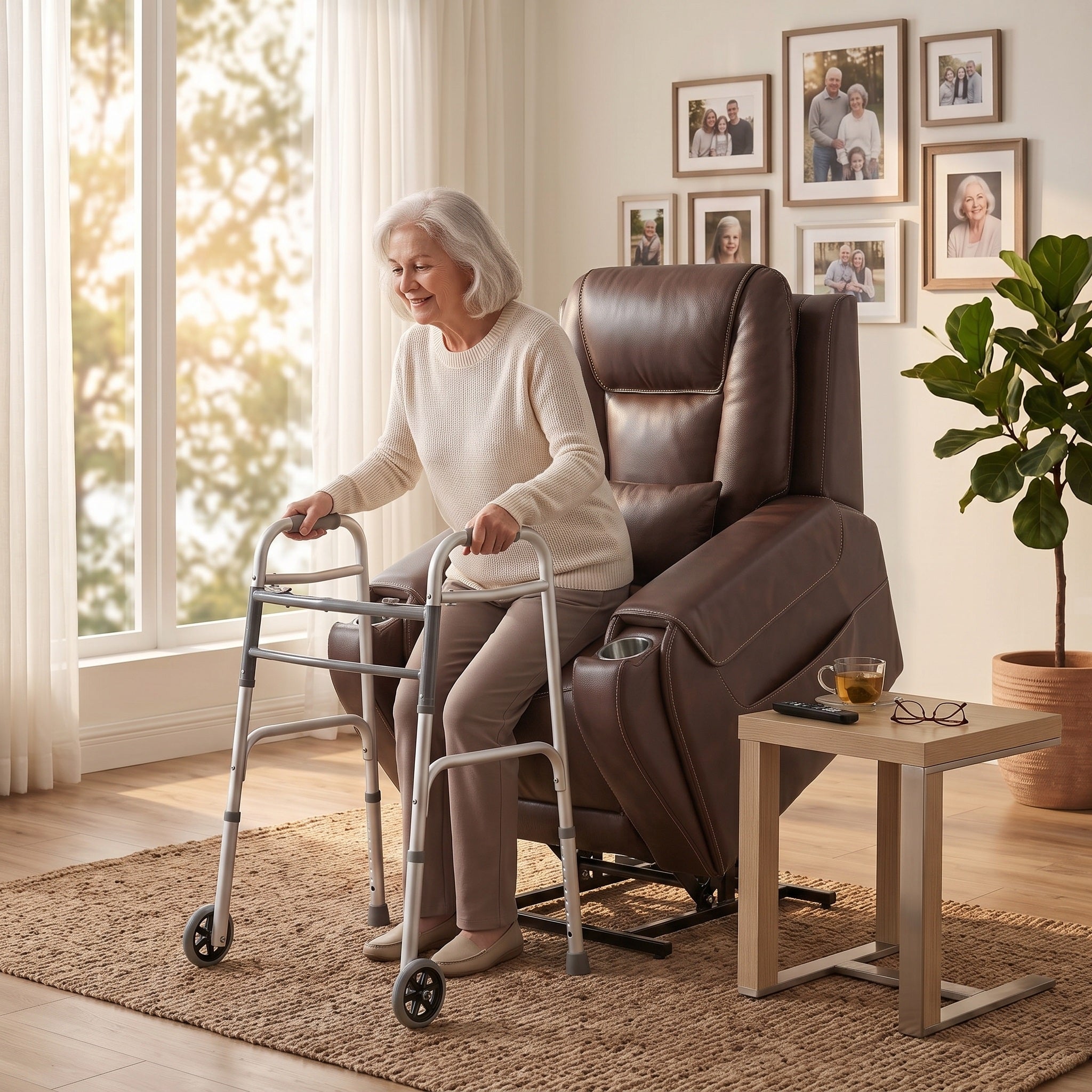 An elderly woman in the living room adjusted the angle of the brown power recliner chair using the "triple-power reclining" function and used a walking aid to help herself stand up.