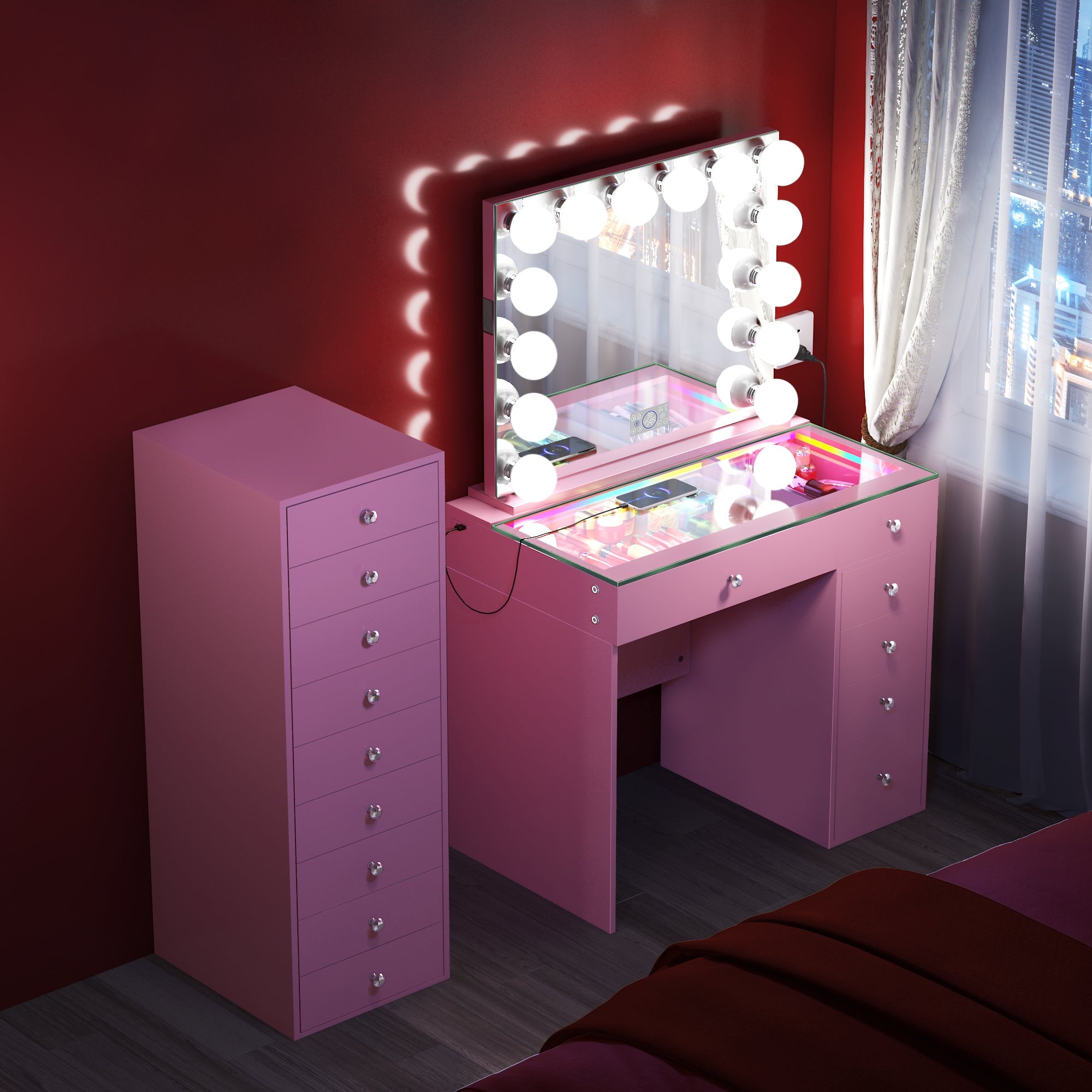 Promotion ! VANITII Mini Diana Vanity Desk with Marilyn Hollywood Vanity Mirror and 9 Drawer Unit (Only sell in California)