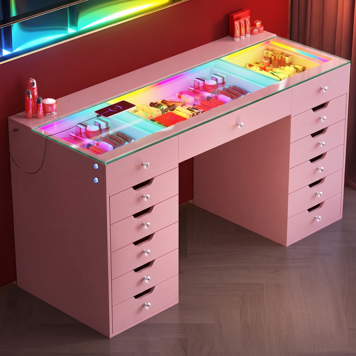 VANITII Eva-RGB Vanity Desk Set with 13 Storage Drawers（VNT-EVA(IVY-TOP)-RGB-WHT）