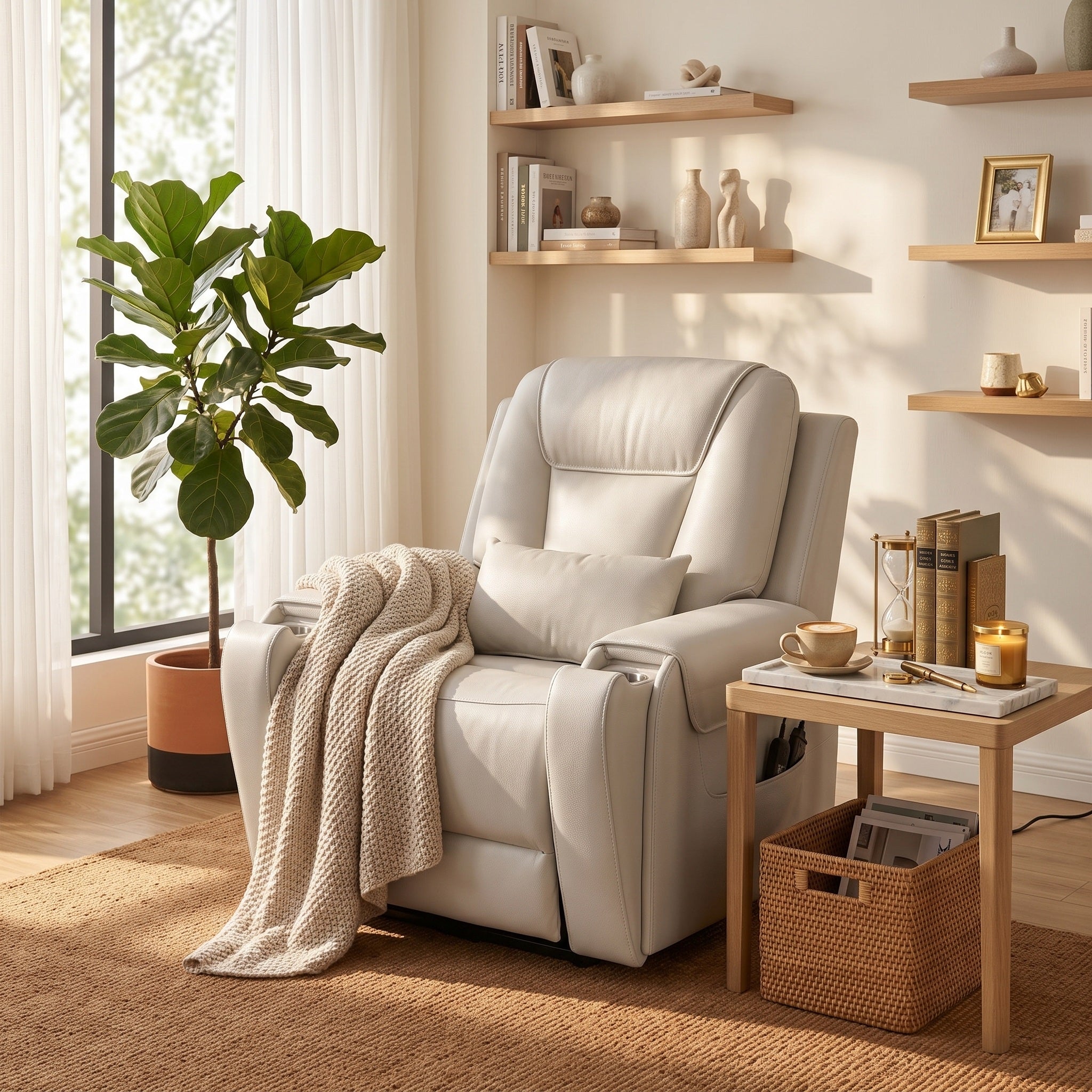 A white leather power recliner chair with 2 stainless steel cup holders for modern living room setting, with a cream knit throw blanket draped over the arm, a small wooden side table, a potted fiddle-leaf fig plant, and wall shelves in the background.
