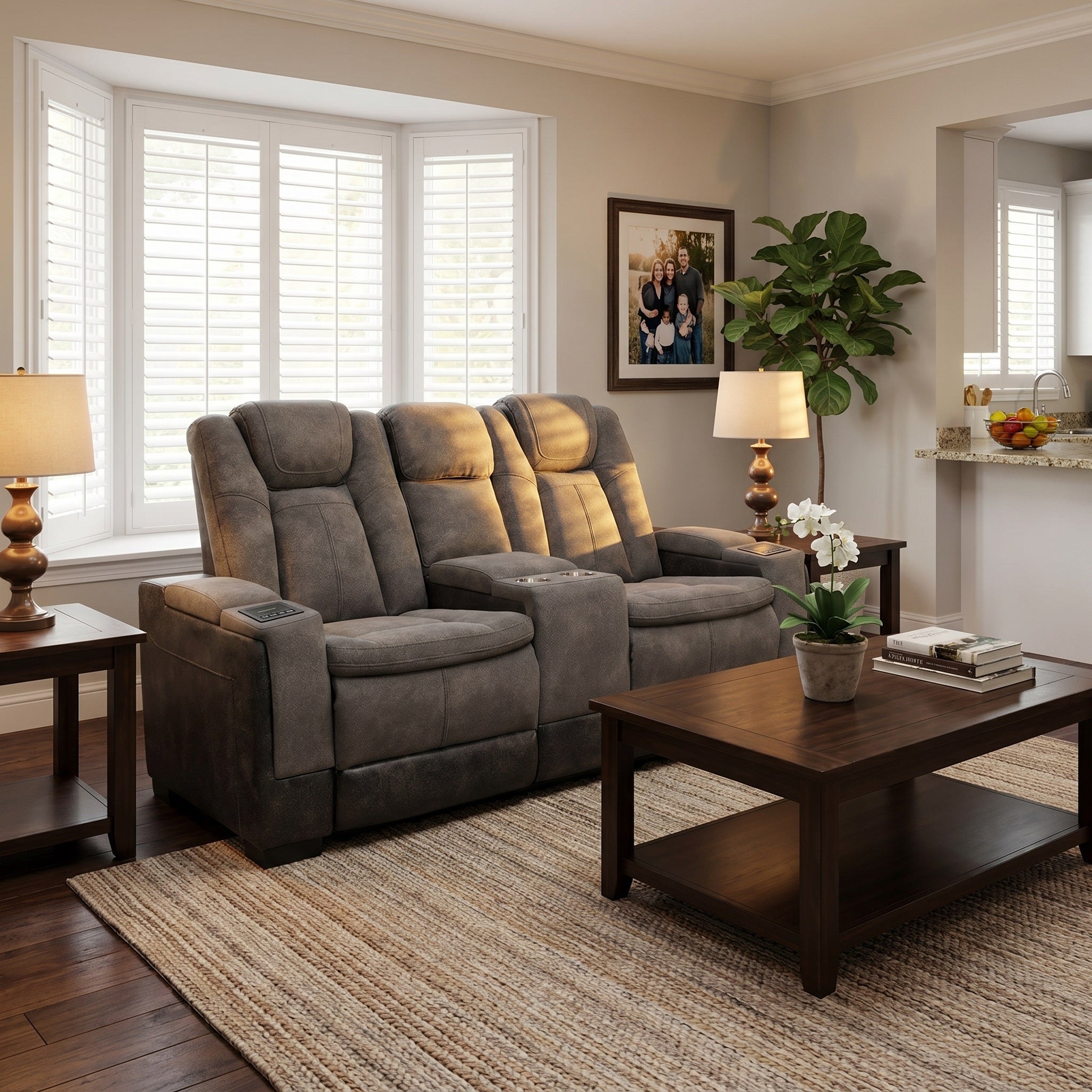 A power recliner loveseat in gery faux leather, shown in a staged living room with cup holders and intelligent console.