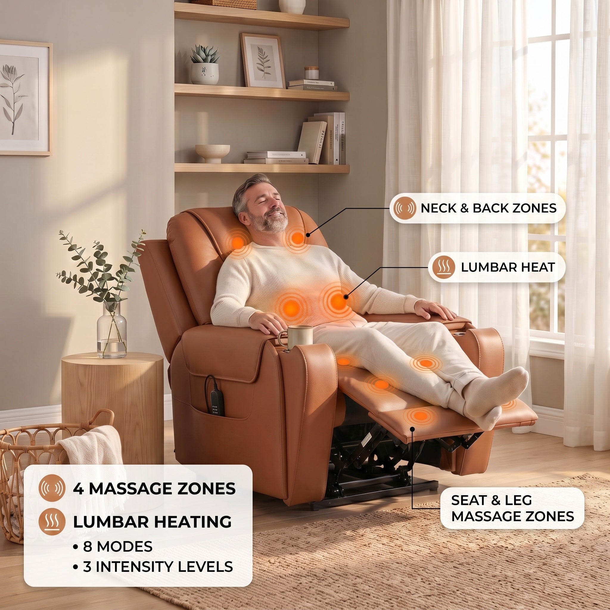 A man sitting in a saddle power recliner chair in a bright living room, with callout labels showing neck and back zones, lumbar heat, seat and leg massage zones, and feature text about 4 massage zones, lumbar heating, 8 modes, and 3 intensity levels.
