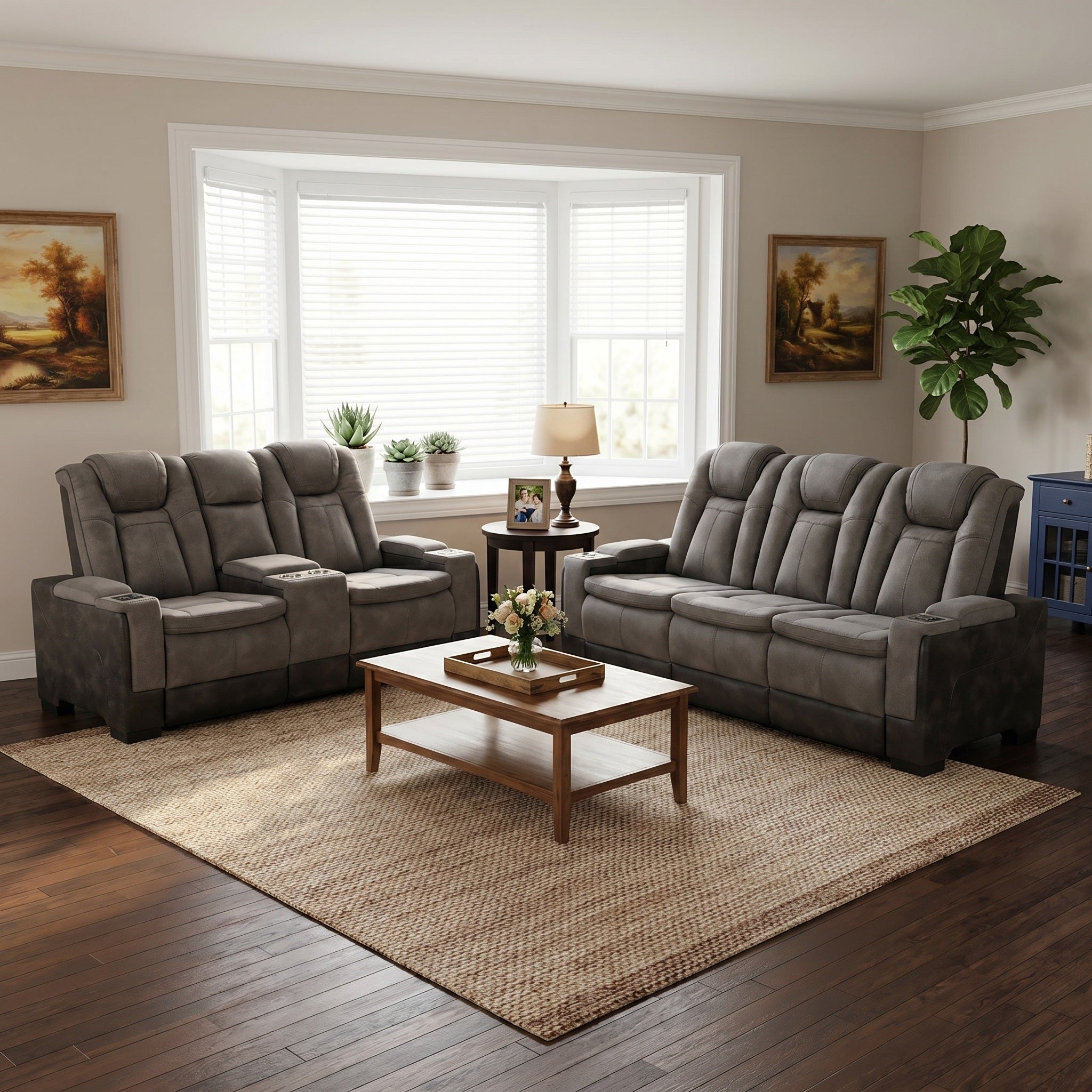 Charlie power recliner loveseat & sofa in gray faux leather, shown in a modern living room.
