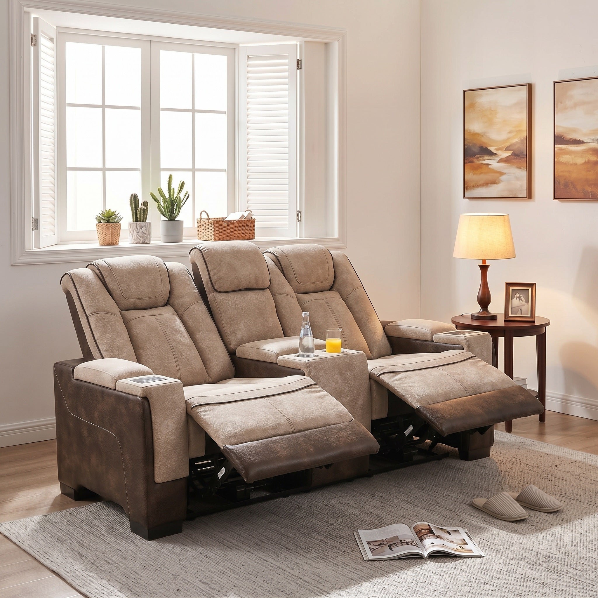 Charlie brown power recliner 2-seat loveseat, pet friendly water-resistant fabric, power reclining angle range 90°-145° ,built-in reading light,two stainless steel cup holders for modern living room