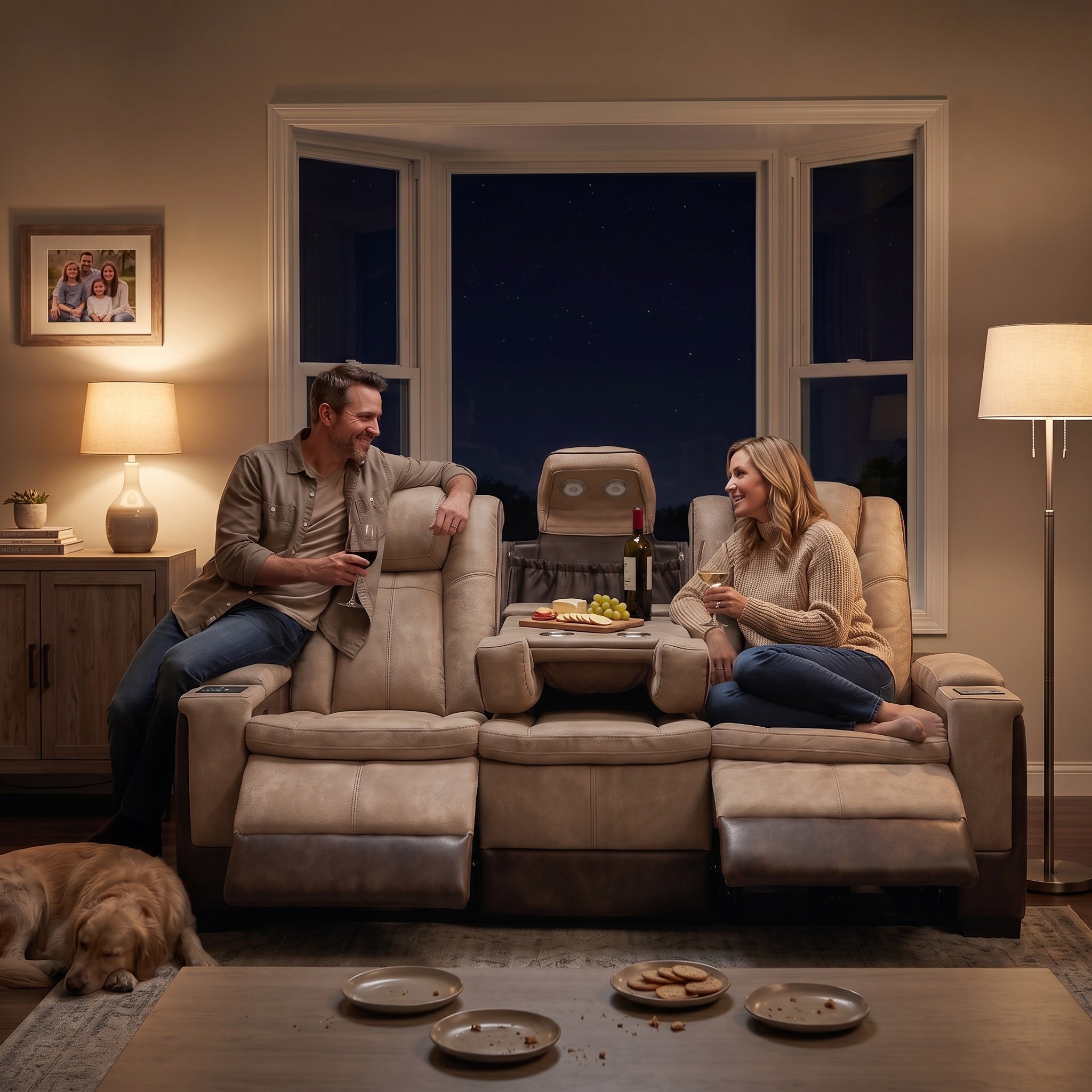 A couple was sitting comfortably on the two sides of the Charlie Power reclining sofa in the cozy living room, enjoying their drinks. The middle seat folded down to hold a fruit platter and a bottle of wine.